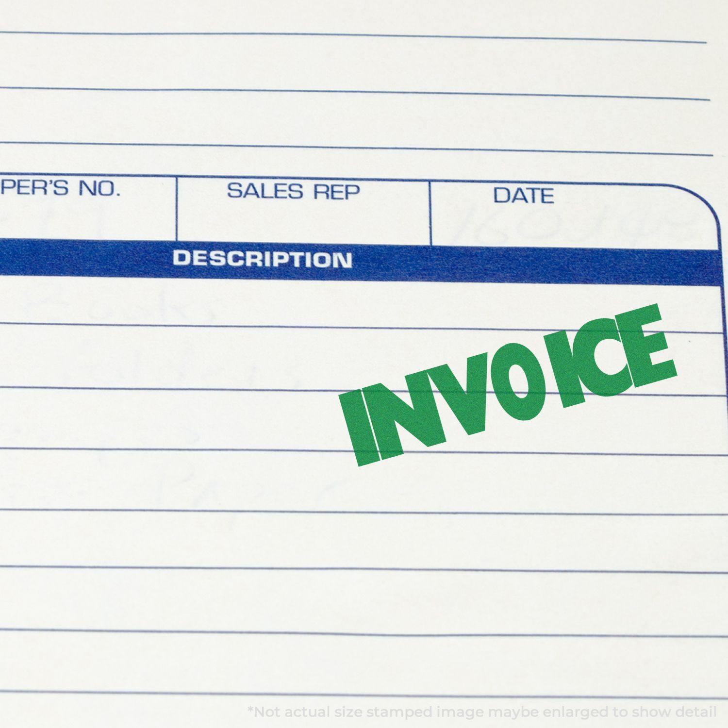 Large Pre-Inked Invoice Stamp marking the word "INVOICE" in green on a lined document with sections for description, sales rep, and date.