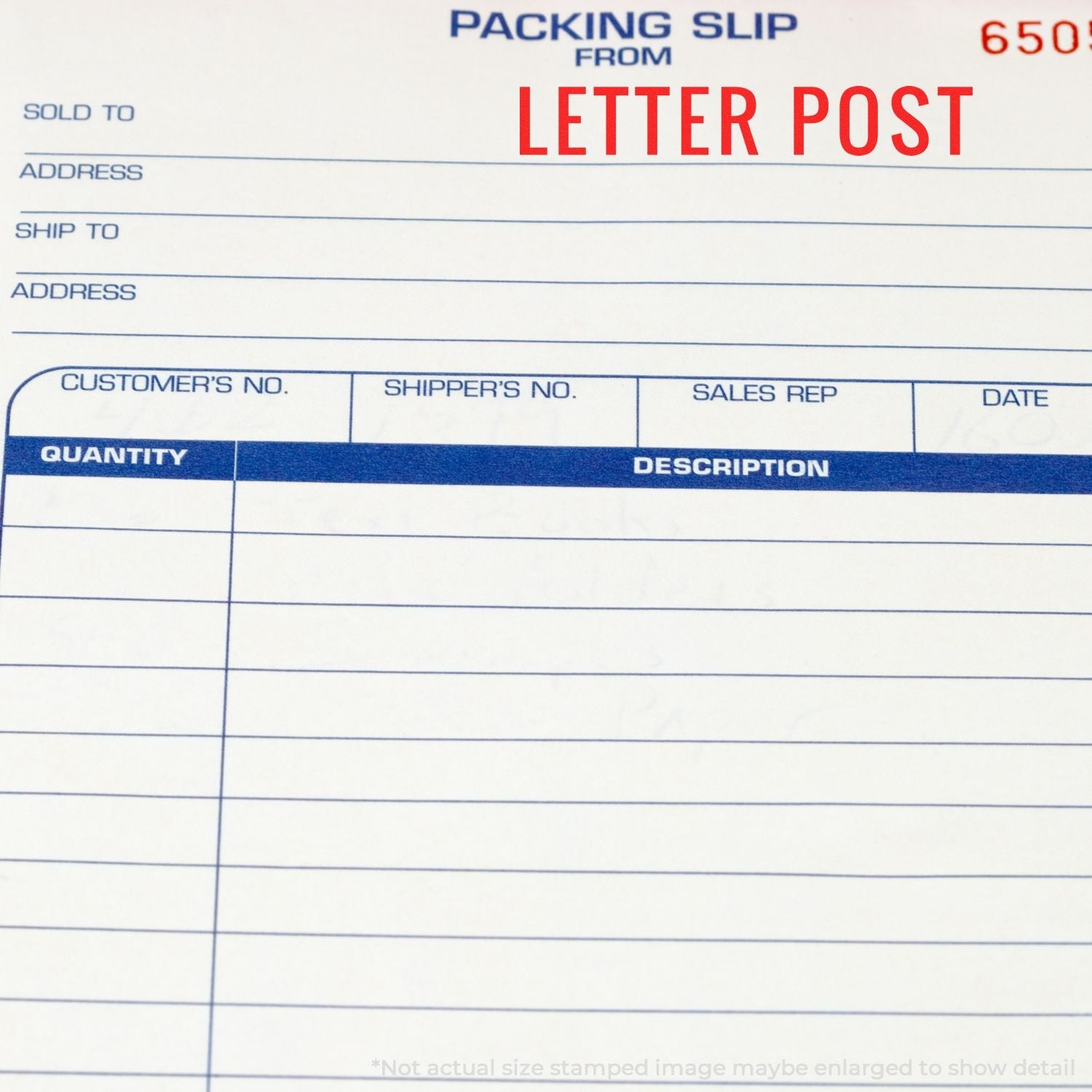 Packing slip with LETTER POST stamped in red using the Self Inking Letter Post Stamp. The slip has fields for address, customer, and shipment details.