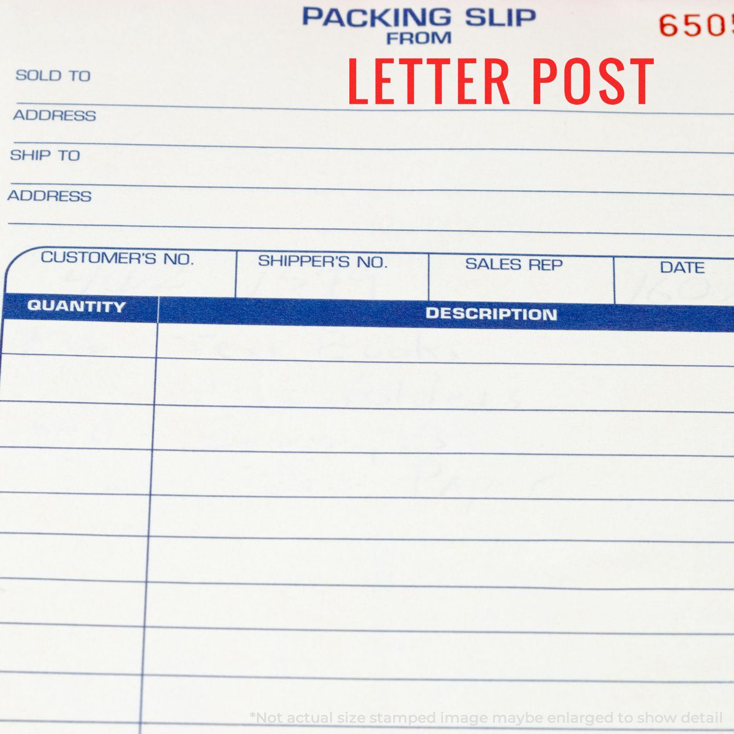 Packing slip with Letter Post rubber stamp in red at the top, featuring fields for sold to, address, and shipment details.