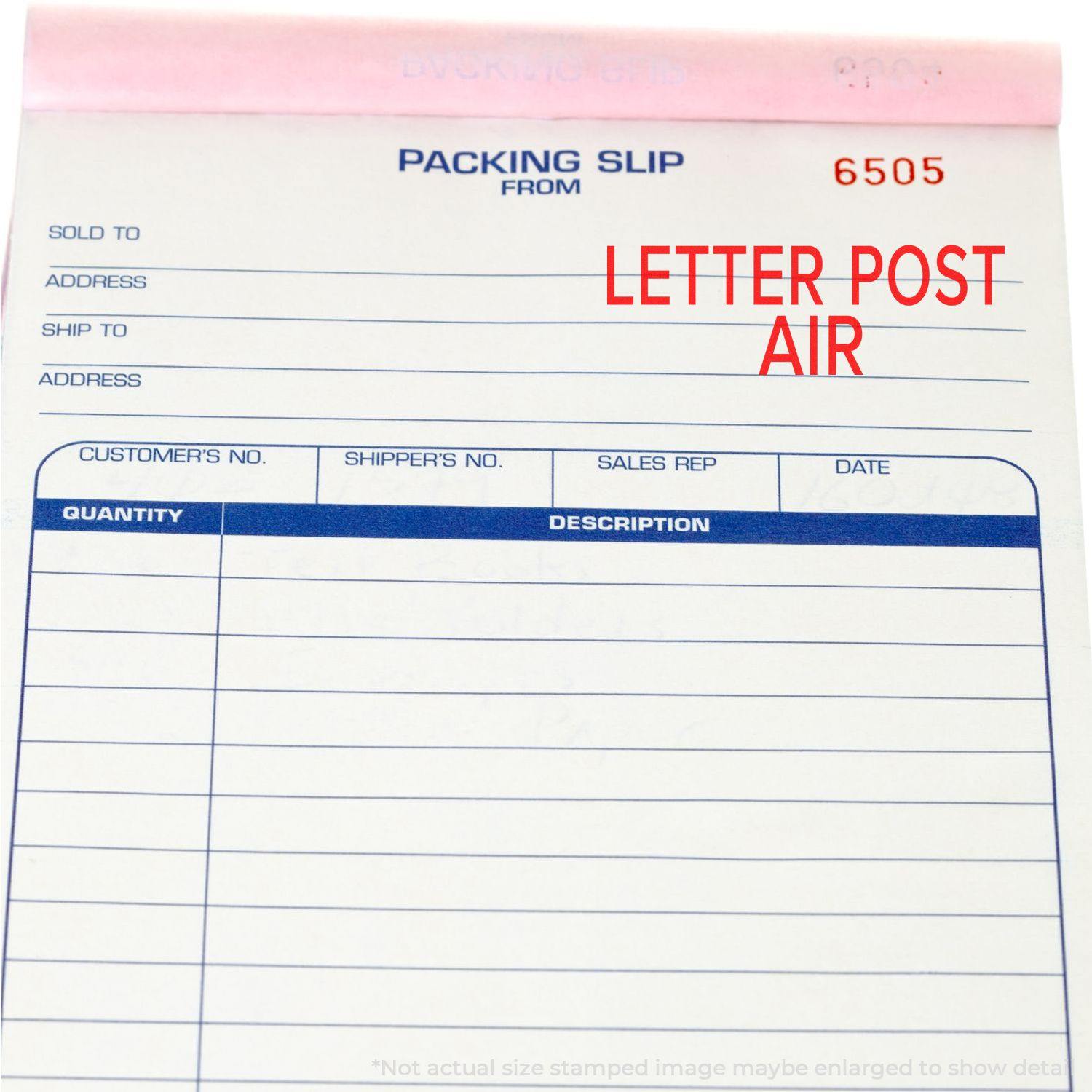 Packing slip with LETTER POST AIR stamped in red using the Large Letter Post Air Rubber Stamp.