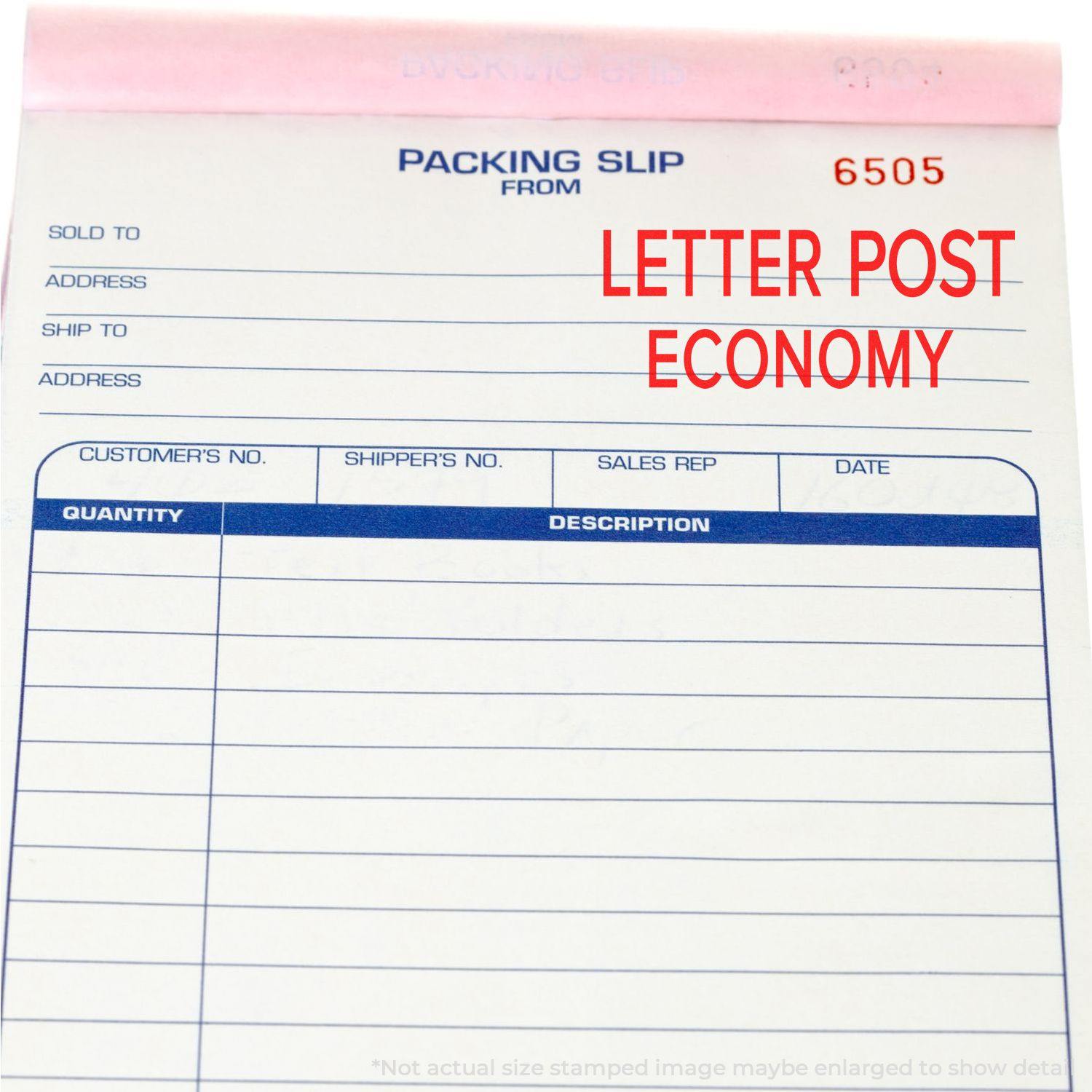 Packing slip with LETTER POST ECONOMY stamped in red using a Slim Pre-Inked Letter Post Economy Stamp.