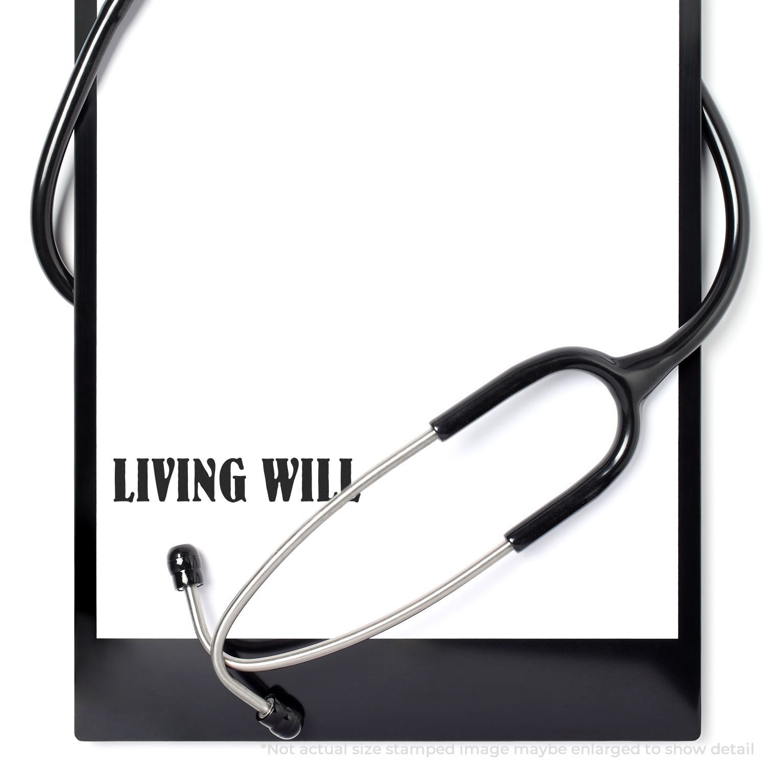 Self Inking Living Will Stamp imprint on a white paper with a stethoscope, indicating its use for medical and legal documentation.