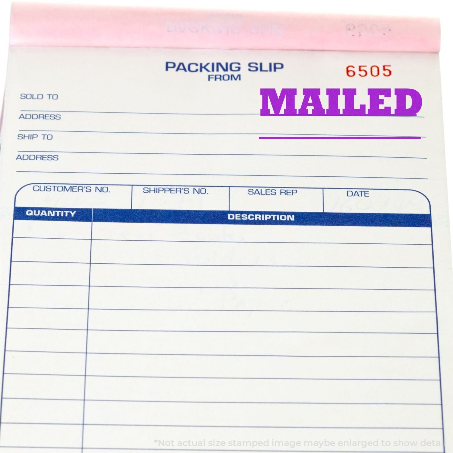 Packing slip stamped with Mailed using the Self Inking Mailed with Date Line Stamp in purple ink.