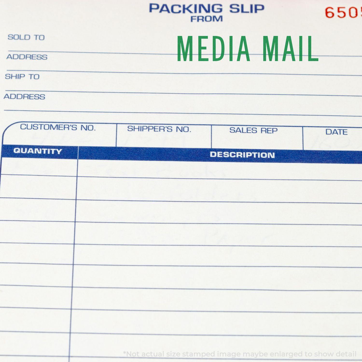 Packing slip with MEDIA MAIL stamped in green using a Media Mail Rubber Stamp, showing fields for address and item details.