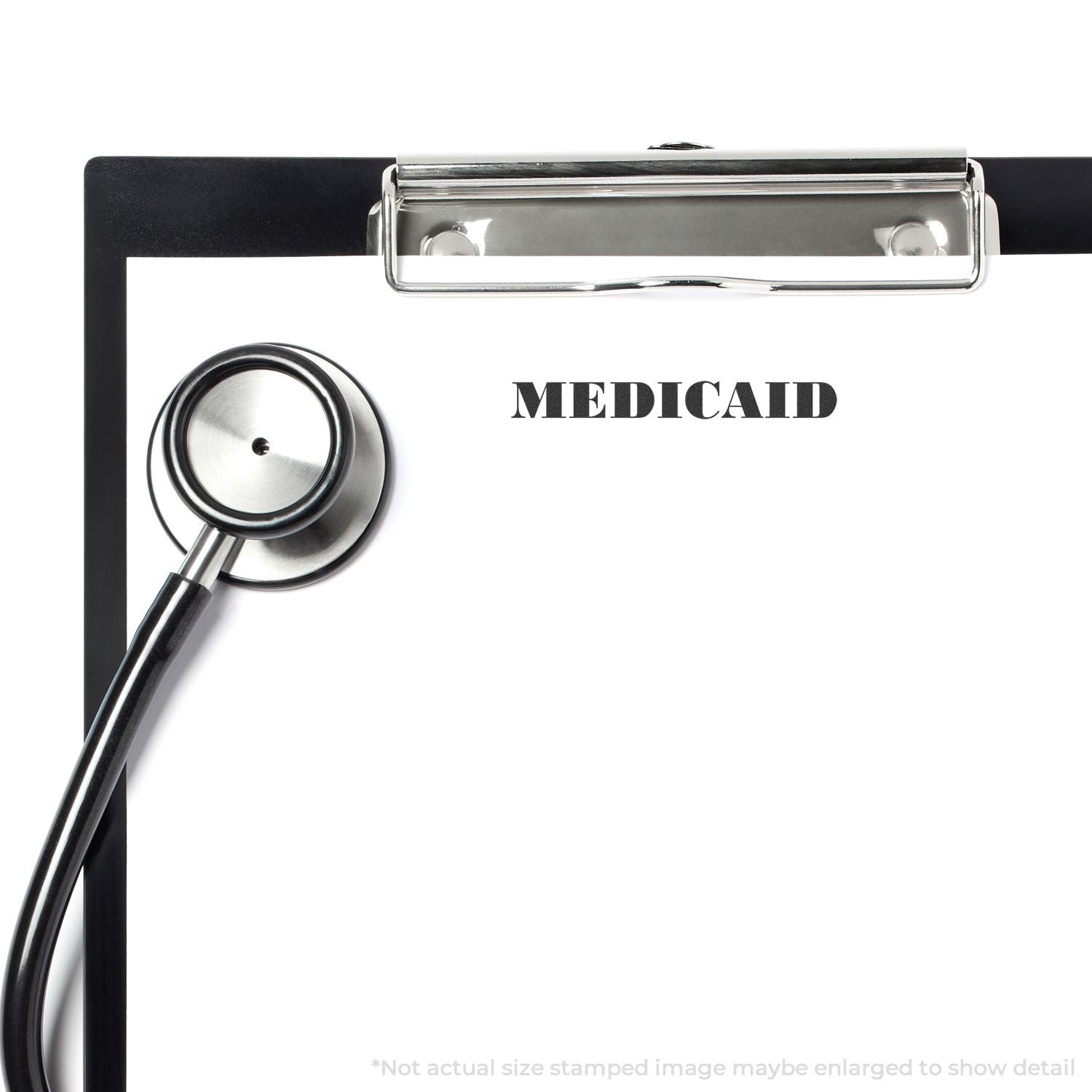 A self-inking stamp with a stamped image showing how the text "MEDICARE" is displayed after stamping.