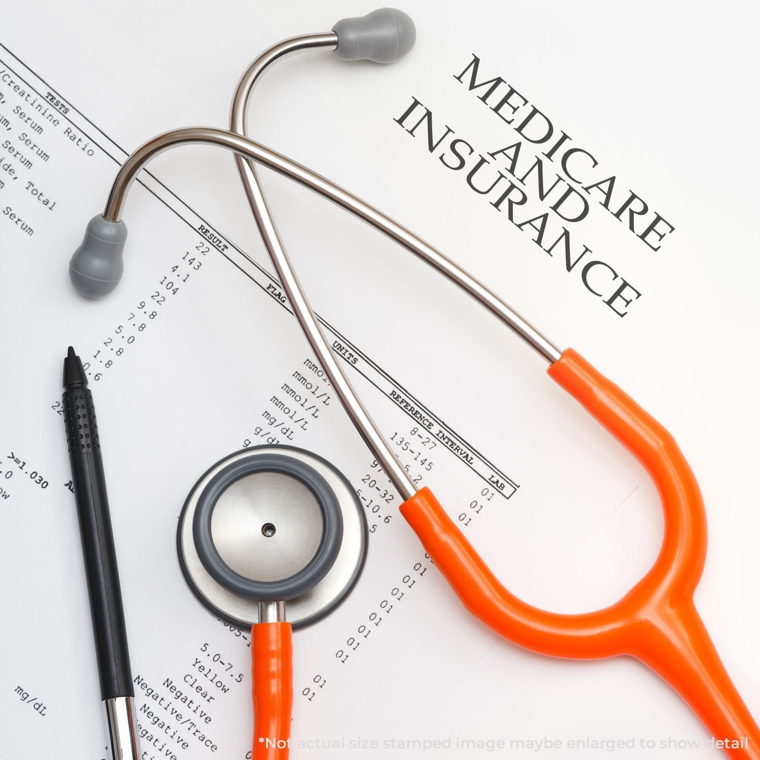 Self Inking Medicare And Insurance Stamp next to a stethoscope, pen, and medical documents, highlighting its use in healthcare paperwork.