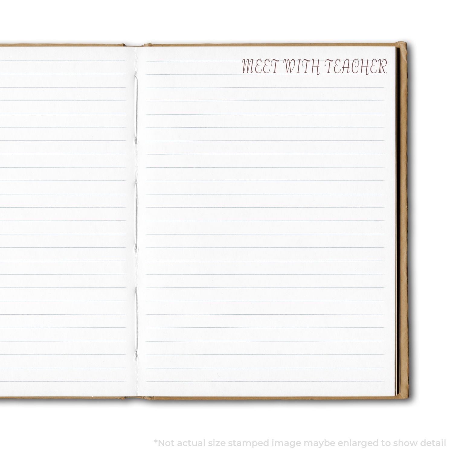 Open notebook with lined pages stamped MEET WITH TEACHER using the Self Inking Meet With Teacher Stamp, showing clear and precise text.