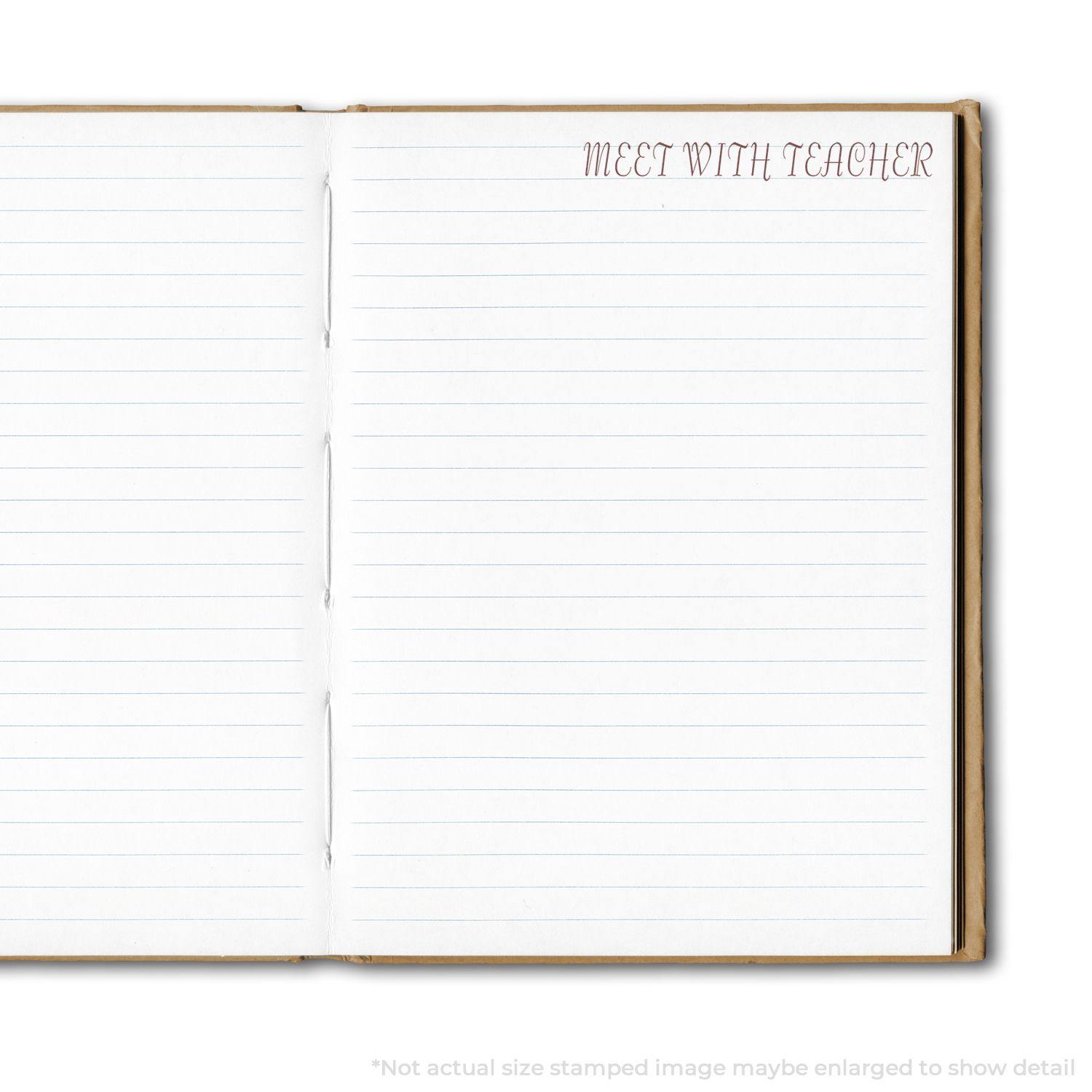 Open notebook with lined pages stamped with Meet With Teacher in the top right corner.