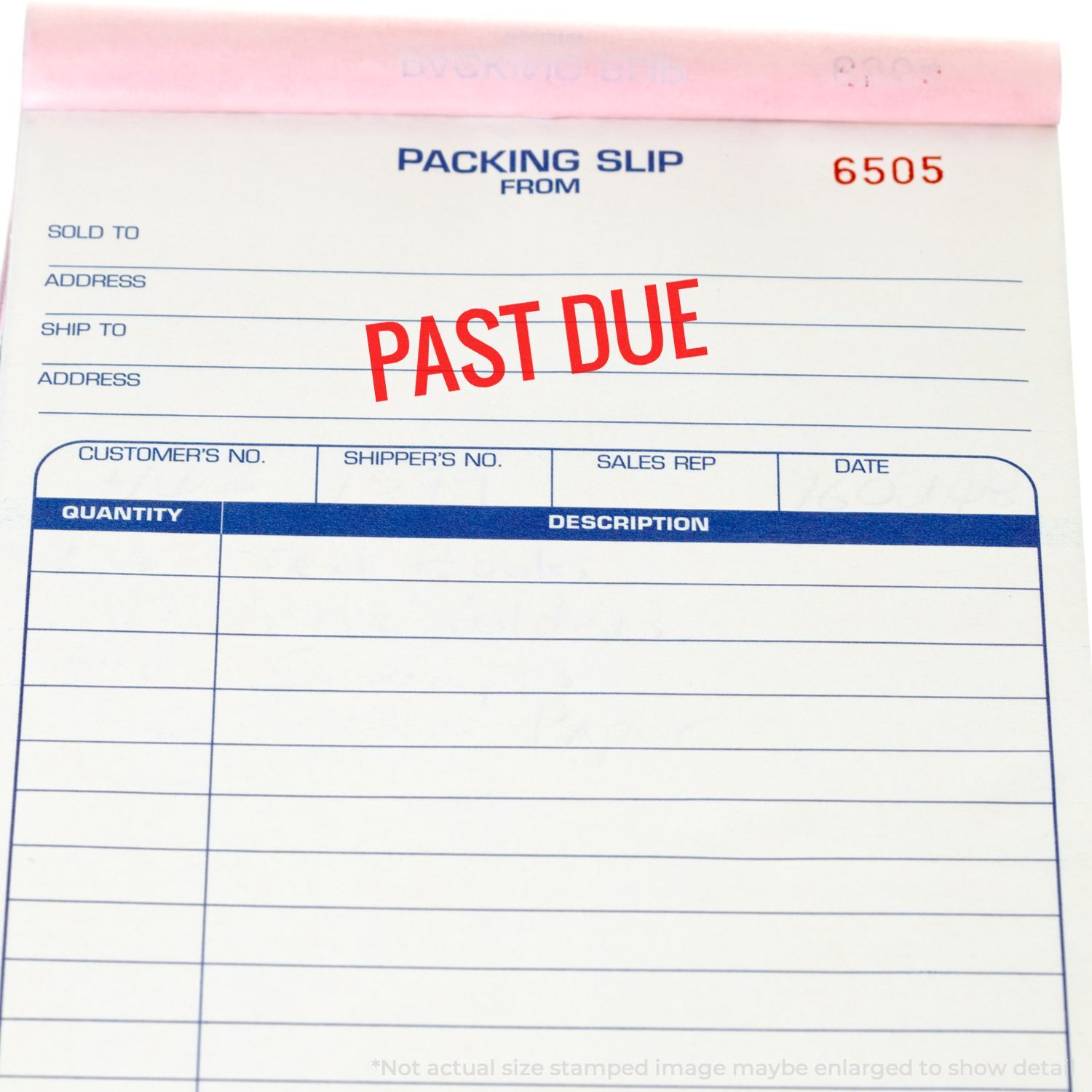 Packing slip stamped with PAST DUE using the Self Inking Narrow Bold Past Due Stamp in red ink.