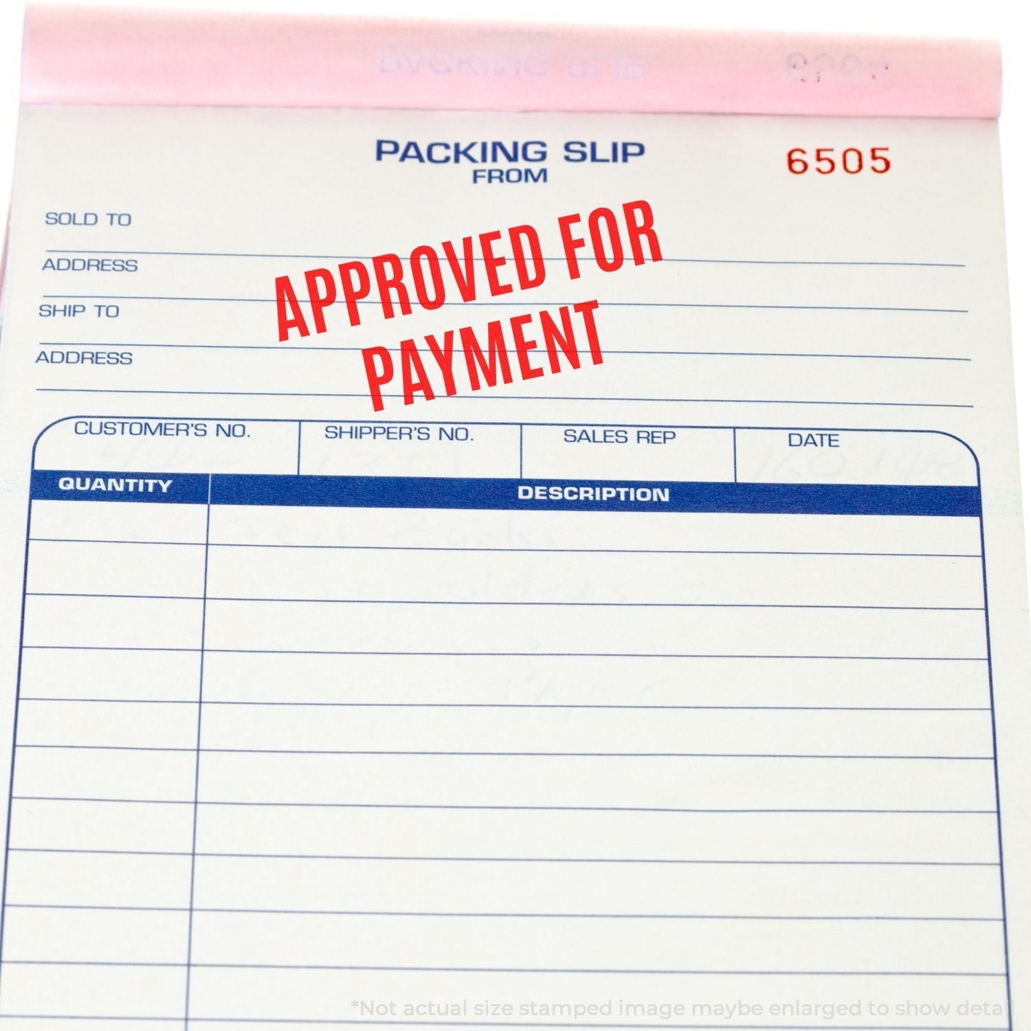 A self-inking stamp with a stamped image showing how the text "APPROVED FOR PAYMENT" in a narrow font is displayed after stamping.