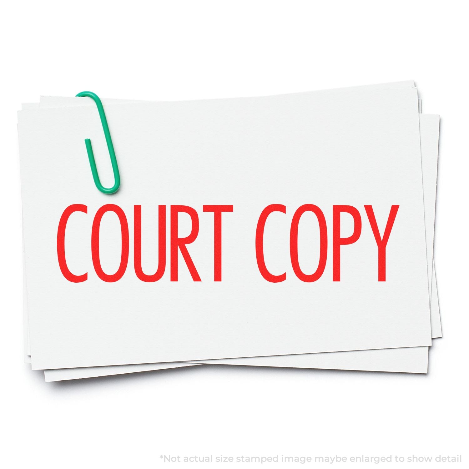 Self Inking Narrow Font Court Copy Stamp in red ink on white paper, held together by a green paperclip.