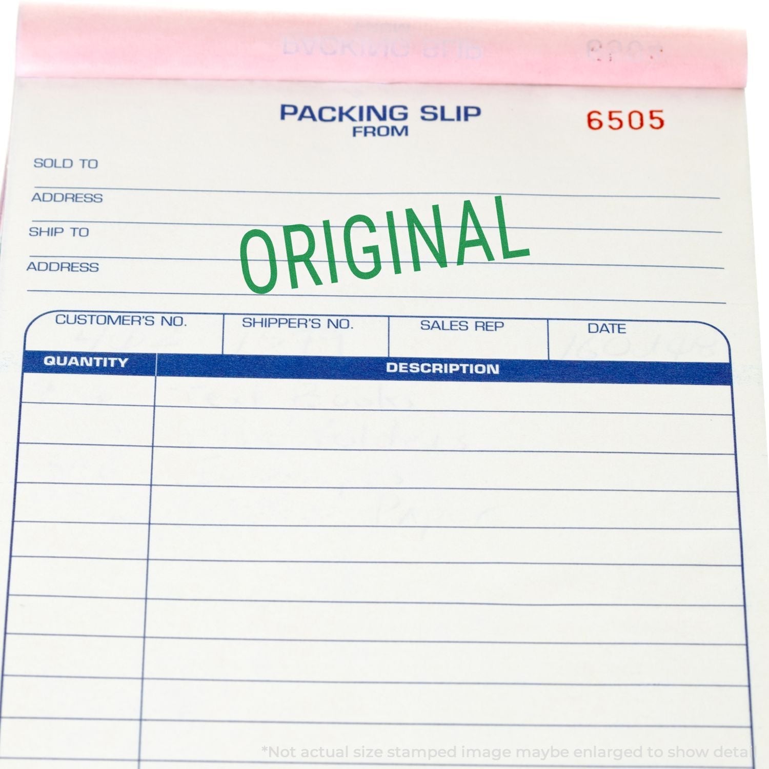 Packing slip stamped with ORIGINAL using the Self Inking Narrow Font Original Stamp in green ink.