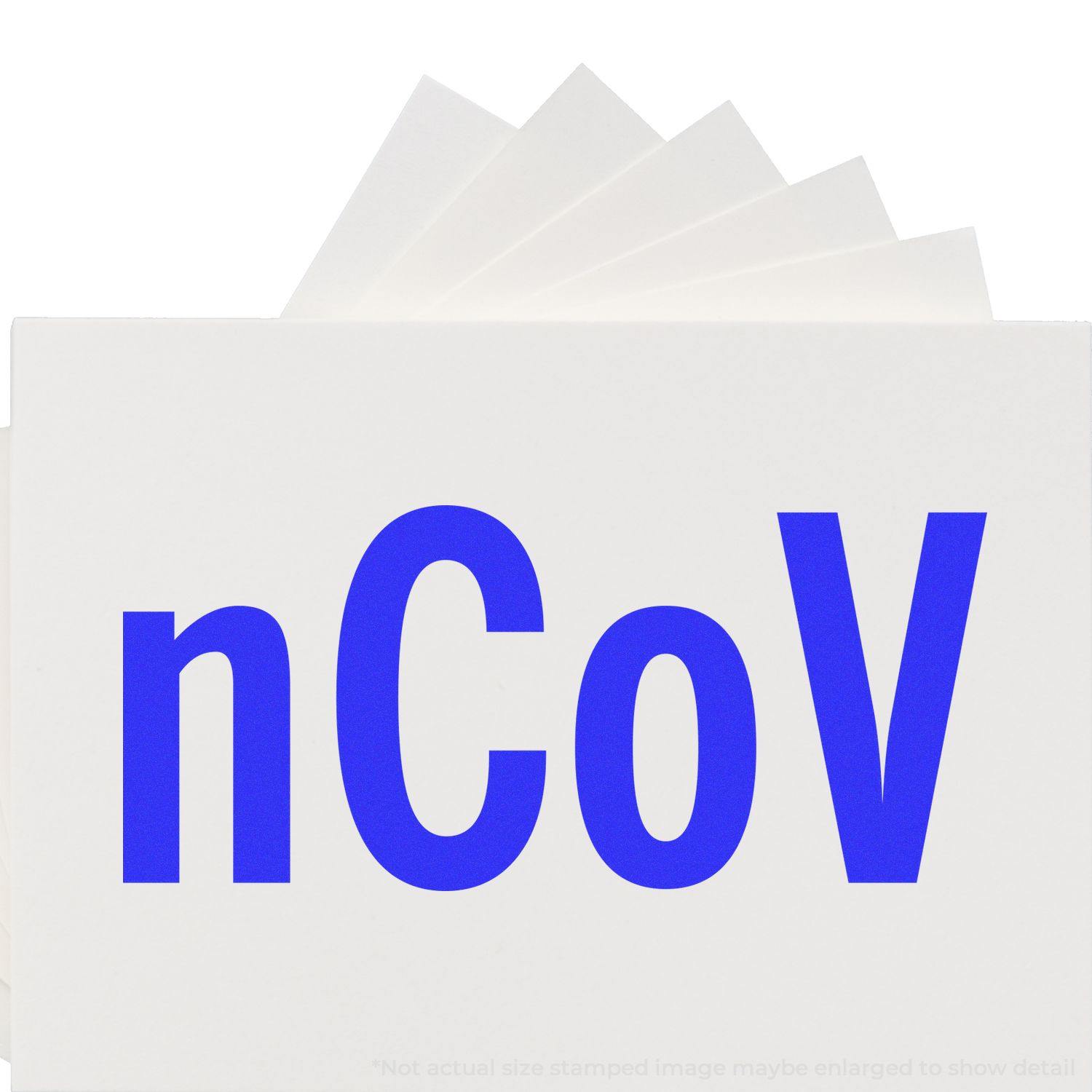 Large nCov Rubber Stamp with bold blue text nCoV on a white background, showing the stamped image.