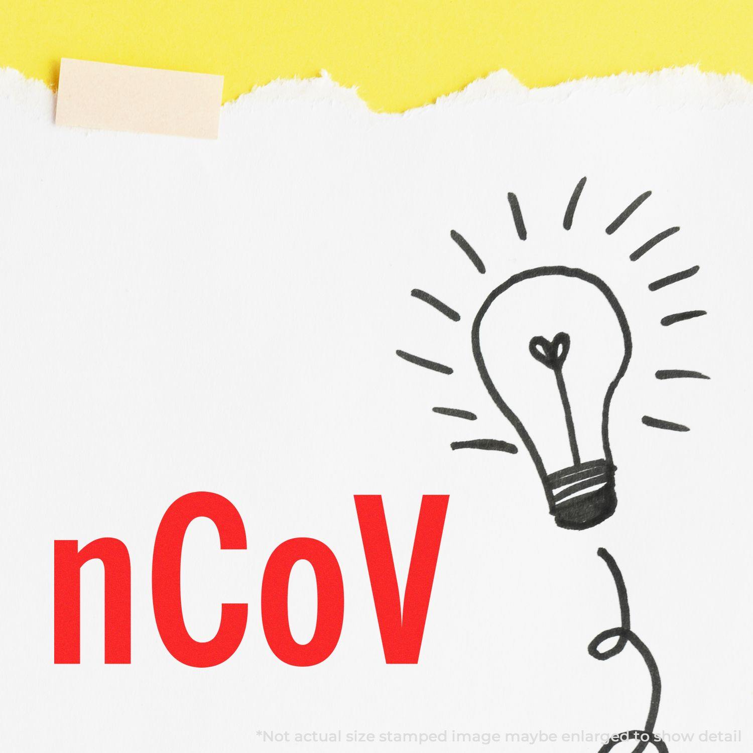 Large nCov Rubber Stamp in red ink on white paper with a hand-drawn light bulb illustration, against a yellow background.