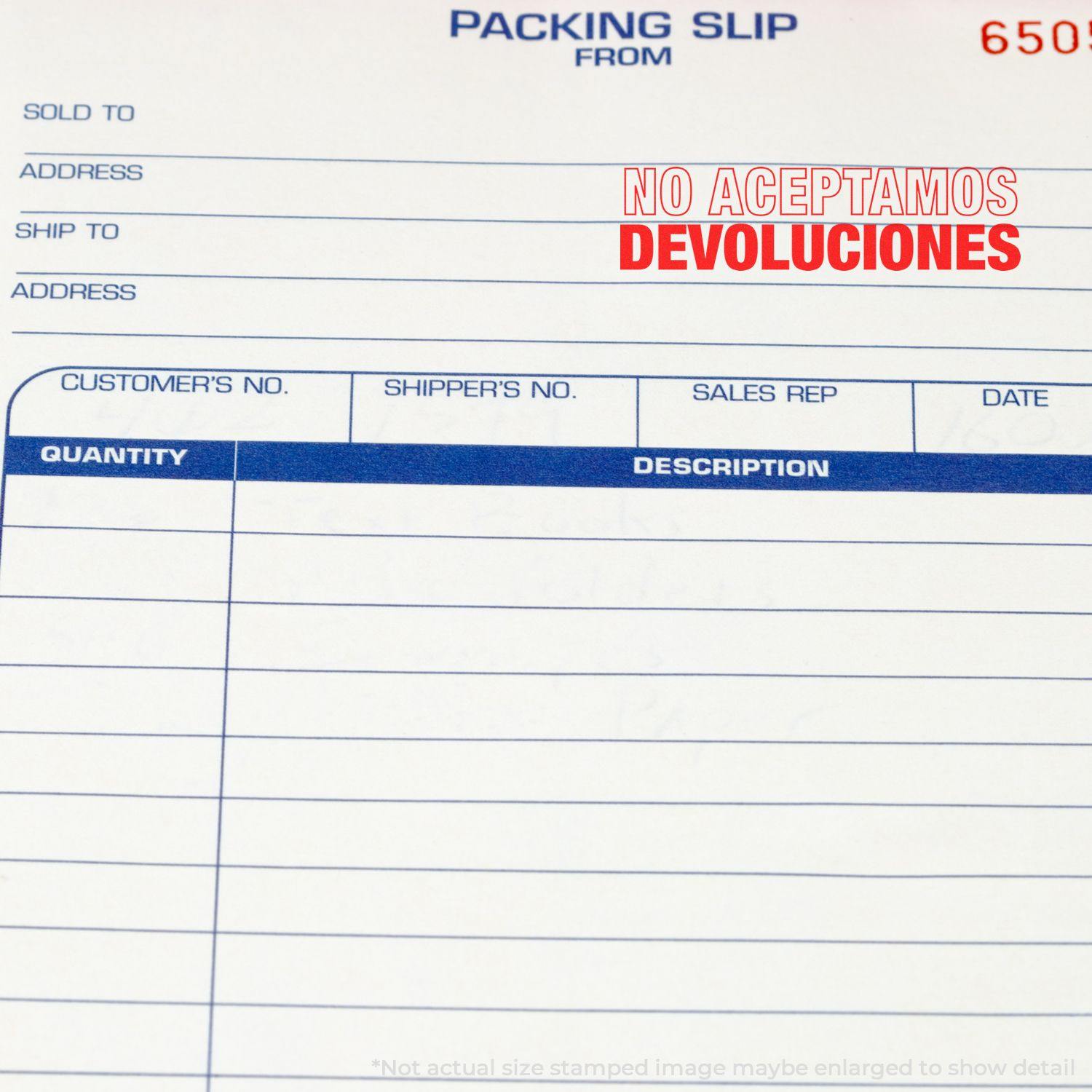 Packing slip stamped with NO ACEPTAMOS DEVOLUCIONES using the Large No Aceptamos Devolucions Rubber Stamp in red ink.