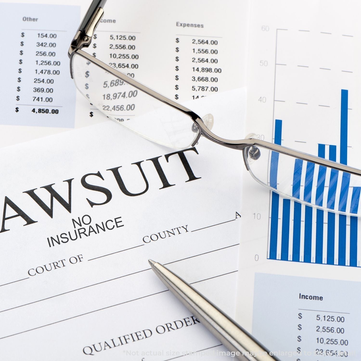 A Self Inking No Insurance Stamp is on a lawsuit document, surrounded by financial charts, a pen, and glasses.