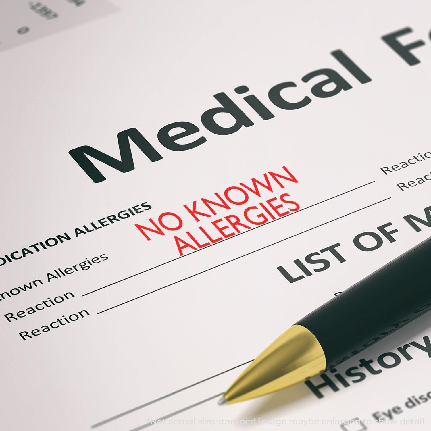 A medical form stamped with NO KNOWN ALLERGIES in red ink using the Large No Known Allergies Rubber Stamp, next to a black pen.