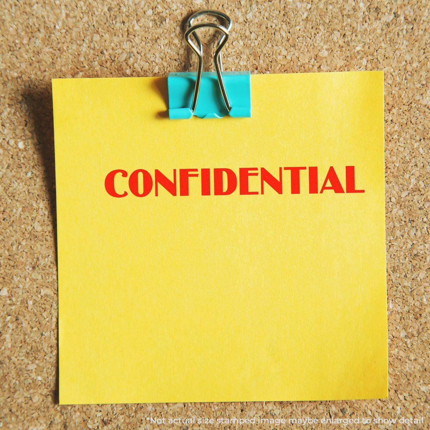 Yellow note on corkboard with CONFIDENTIAL stamped in red using Optima Confidential Rubber Stamp, held by a blue binder clip.