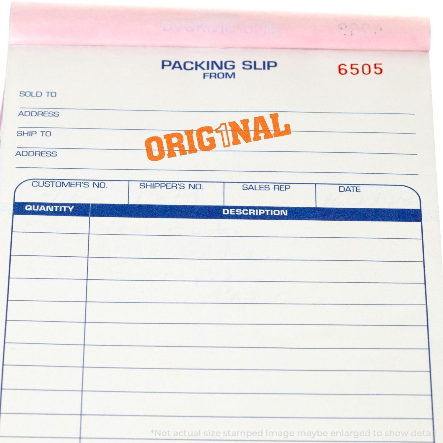 Packing slip stamped with ORIG1NAL using the Large Orig1nal Rubber Stamp, showing the word in bold orange letters.