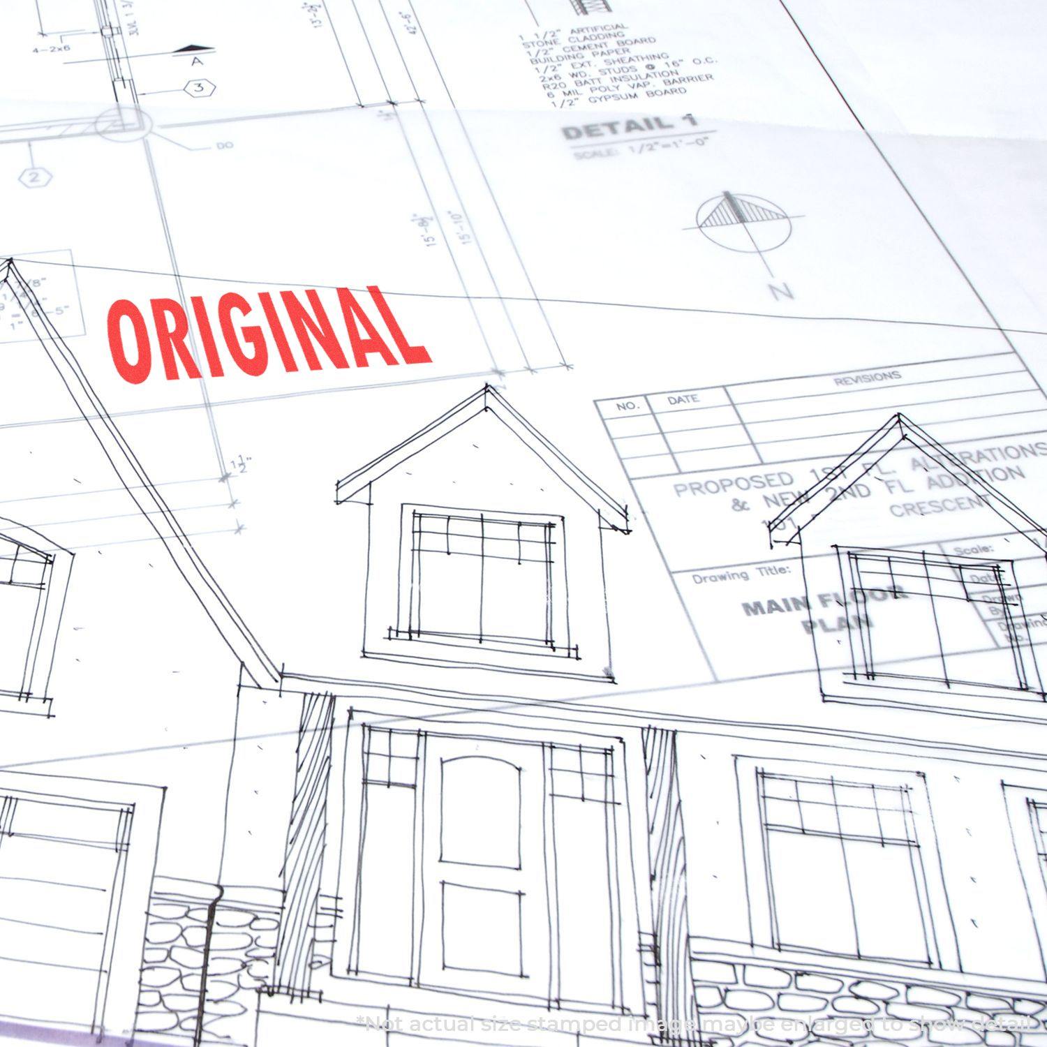 Architectural blueprint with a red Original Rubber Stamp mark prominently displayed on the upper left corner.