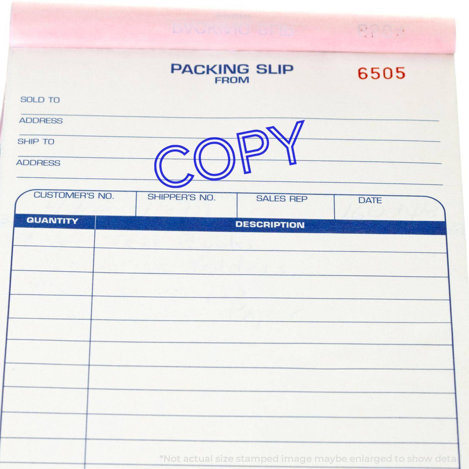 Packing slip stamped with COPY using the Large Outline Font Copy Rubber Stamp in blue ink.