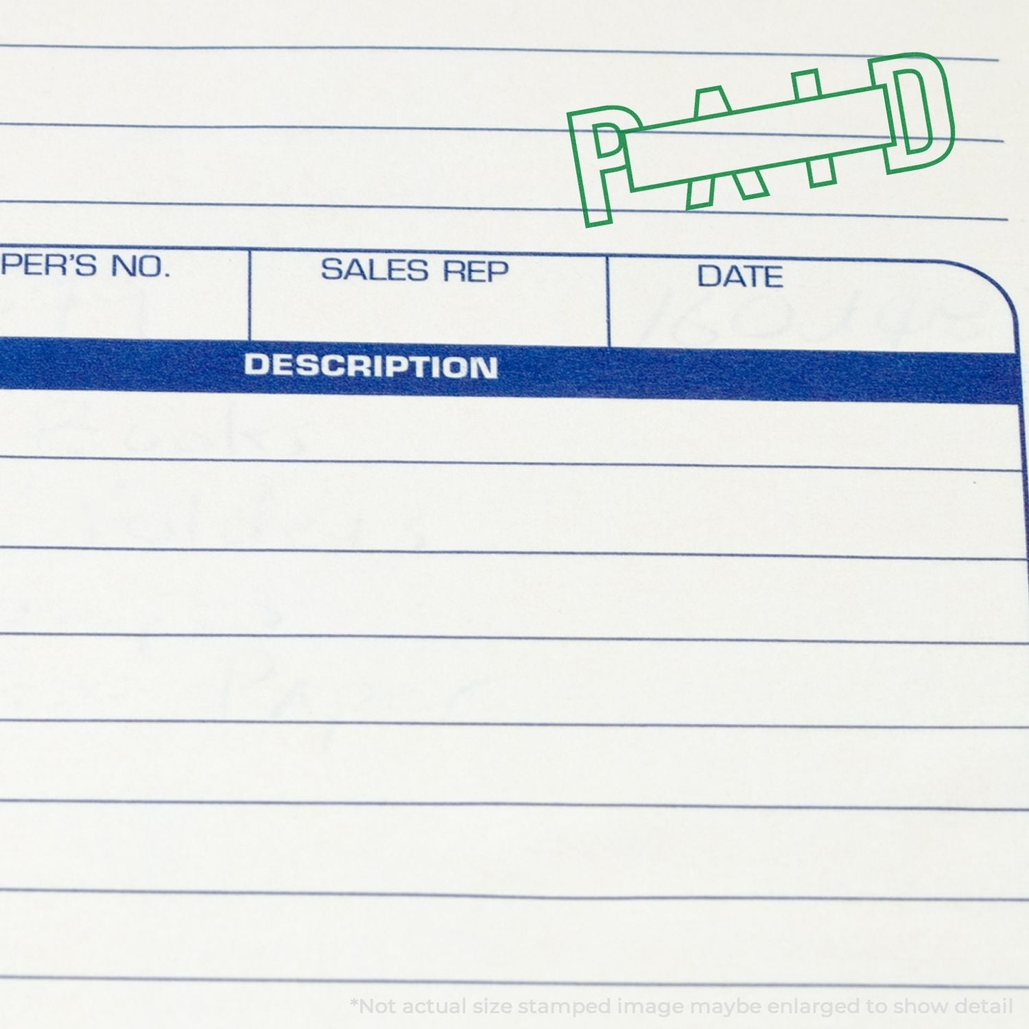 Self Inking Outline Paid with Box Stamp used on a document, showing the green PAID stamp mark in the top right corner.