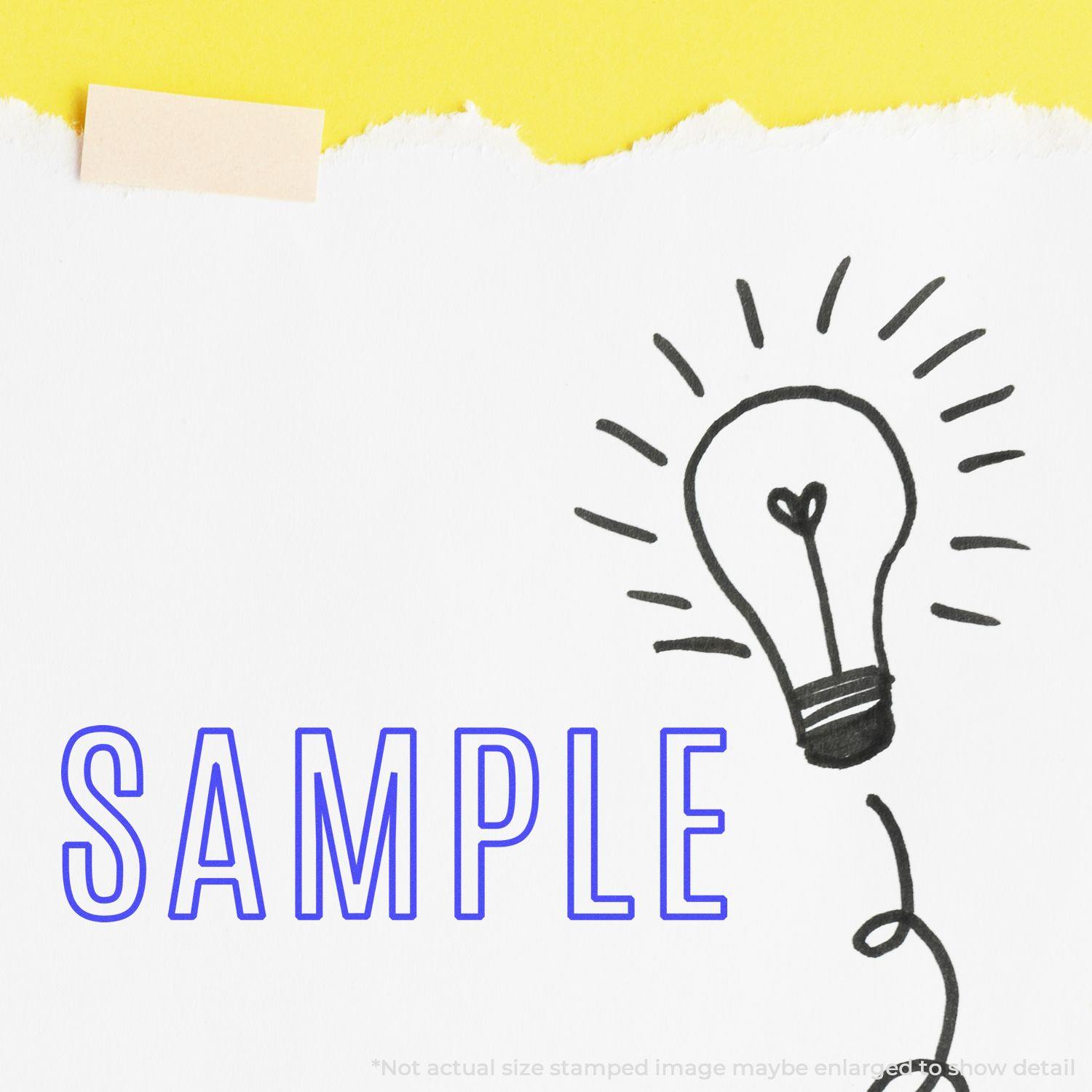 Image of a Large Self Inking Outline Sample Stamp imprint showing a light bulb sketch and the word 'SAMPLE' on a torn white paper background.