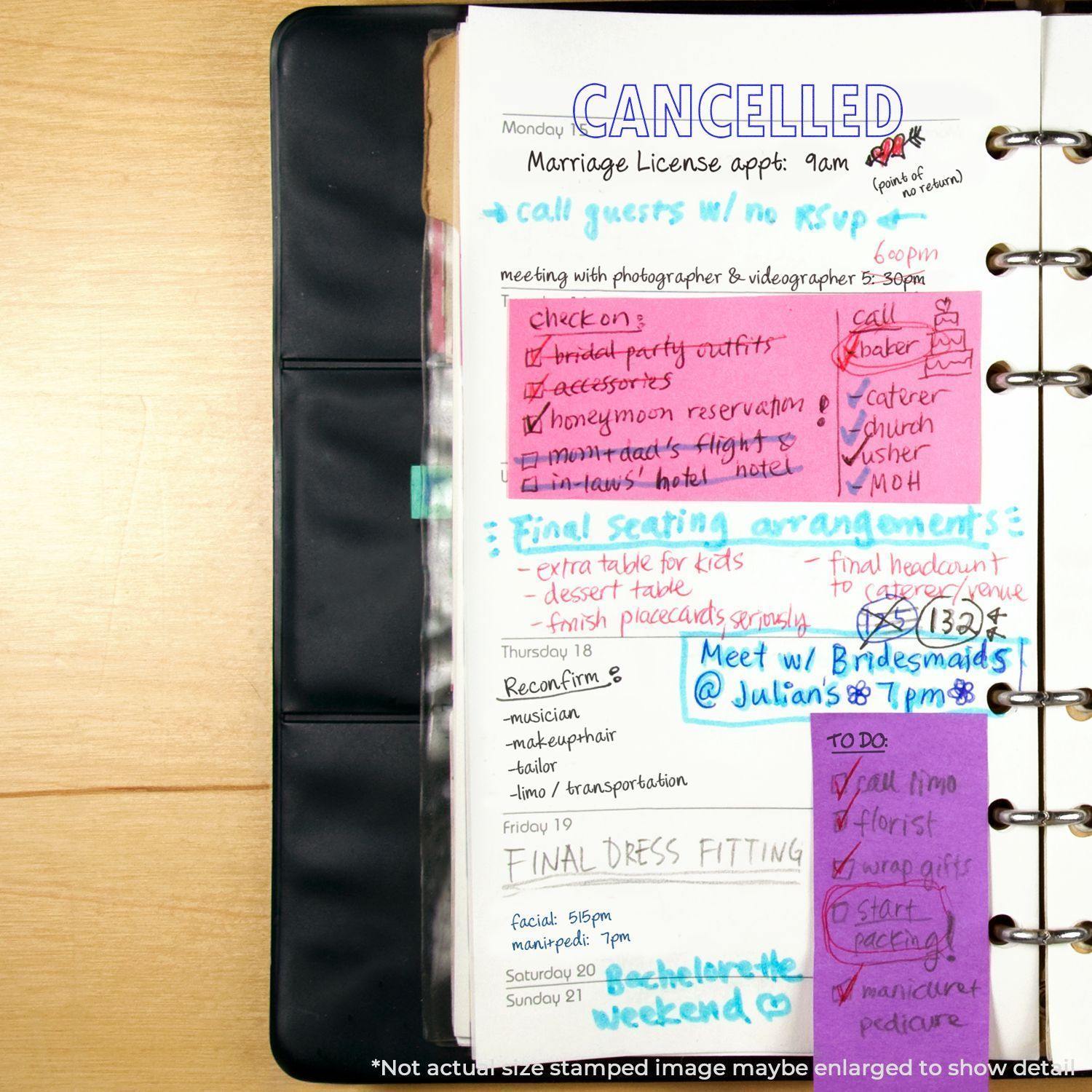 Large Pre-Inked Cancelled Stamp used on a planner page with various handwritten notes and tasks, highlighting a cancelled marriage license appointment.