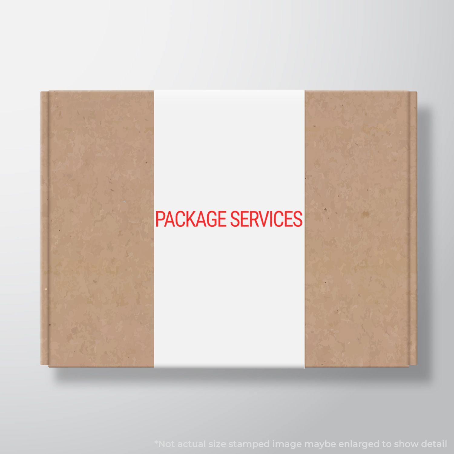 A brown package stamped with PACKAGE SERVICES in red ink using the Large Package Services Rubber Stamp, placed on a white background.