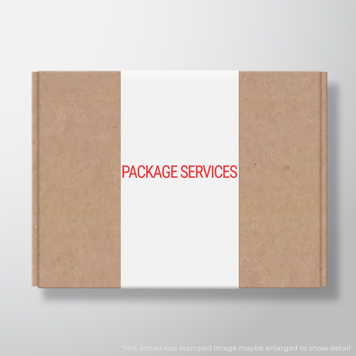 A cardboard box stamped with PACKAGE SERVICES in red ink using the Self Inking Package Services Stamp, placed on a light background.