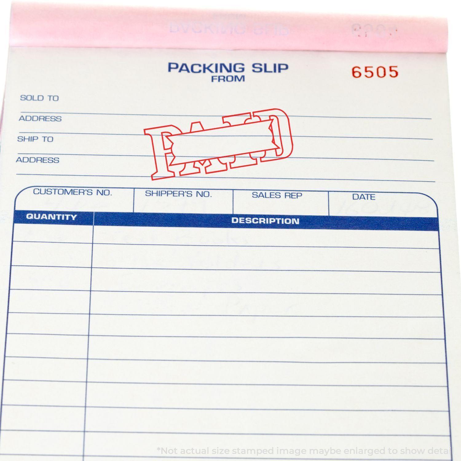 Packing slip stamped with a red PAID using the Large Paid with Box Rubber Stamp, indicating payment has been made.