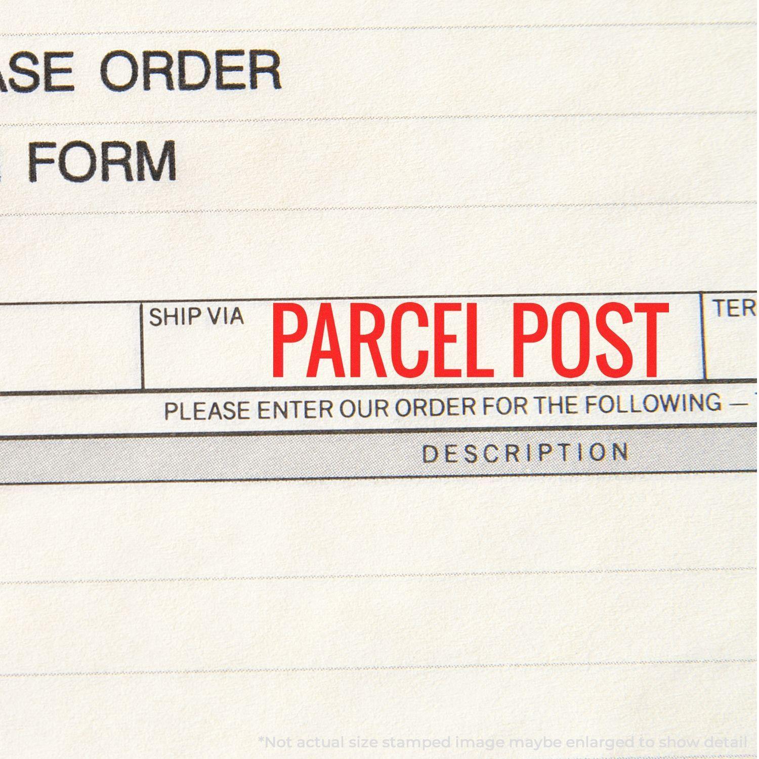 A stock office rubber stamp with a stamped image showing how the text "PARCEL POST" in a large font is displayed after stamping.