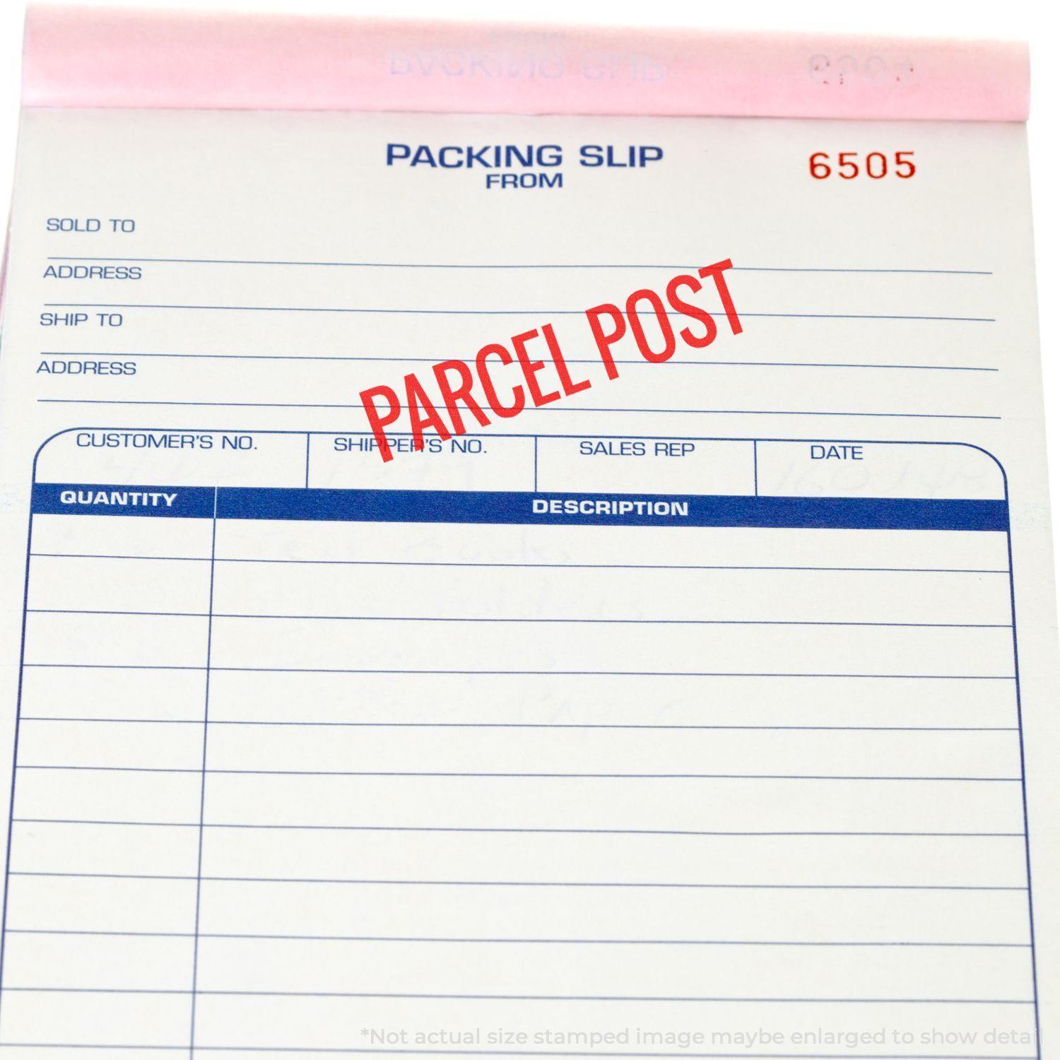 Packing slip with PARCEL POST stamped in red using the Large Parcel Post Rubber Stamp, showing fields for sold to, address, and item details.