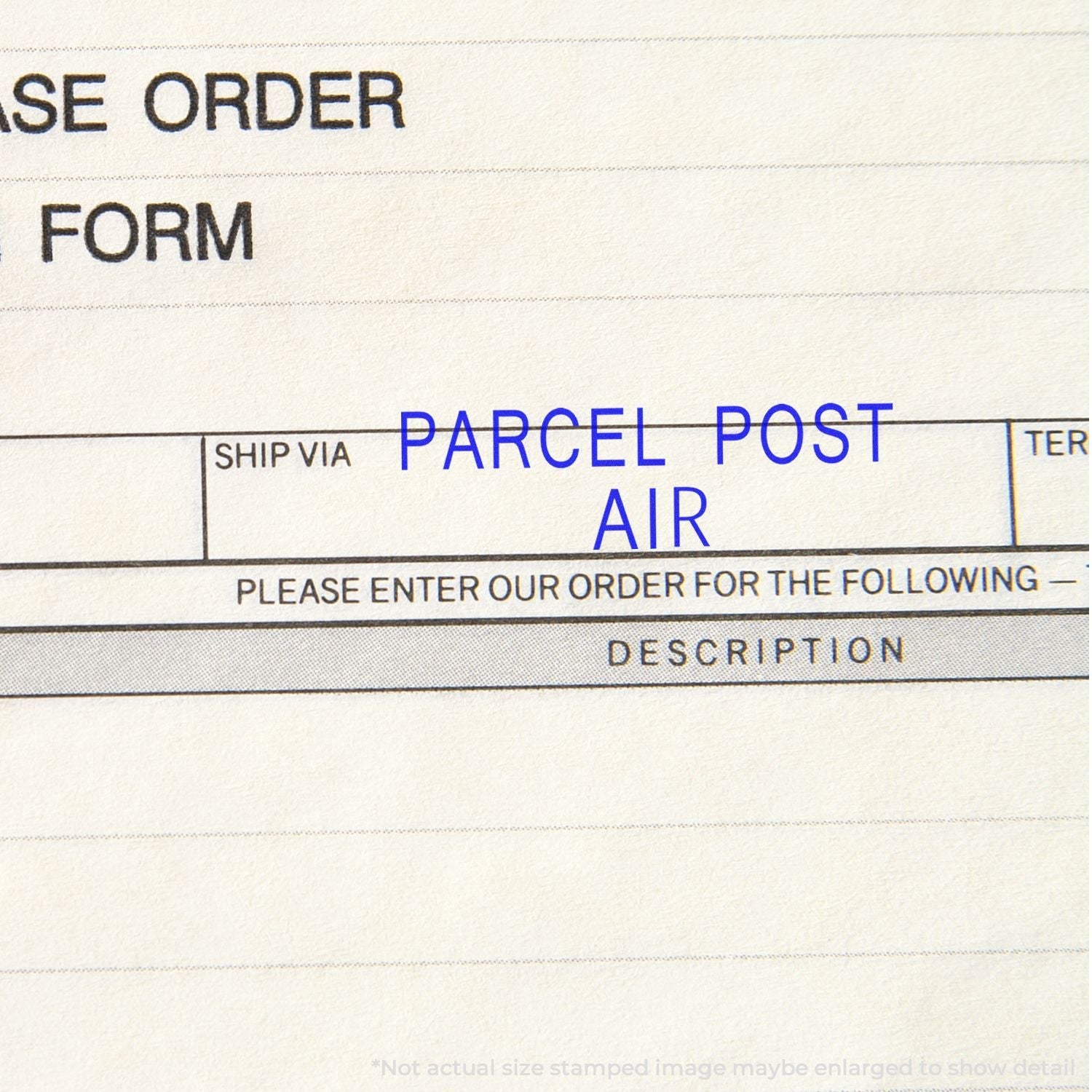 Close-up of a form stamped with PARCEL POST AIR using the Self Inking Parcel Post Air Stamp in blue ink.