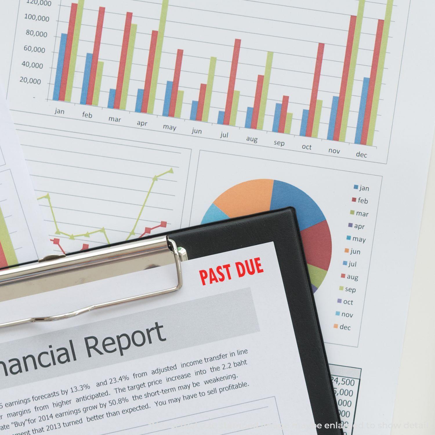 Slim Pre-Inked Past Due Stamp marking a financial report, with colorful charts and graphs in the background.