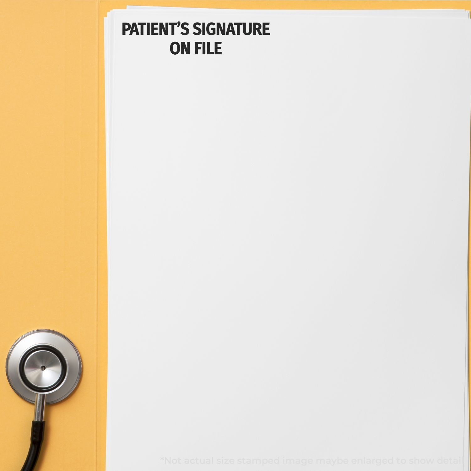 A self-inking stamp with a stamped image showing how the text "PATIENT'S SIGNATURE ON FILE" is displayed after stamping.