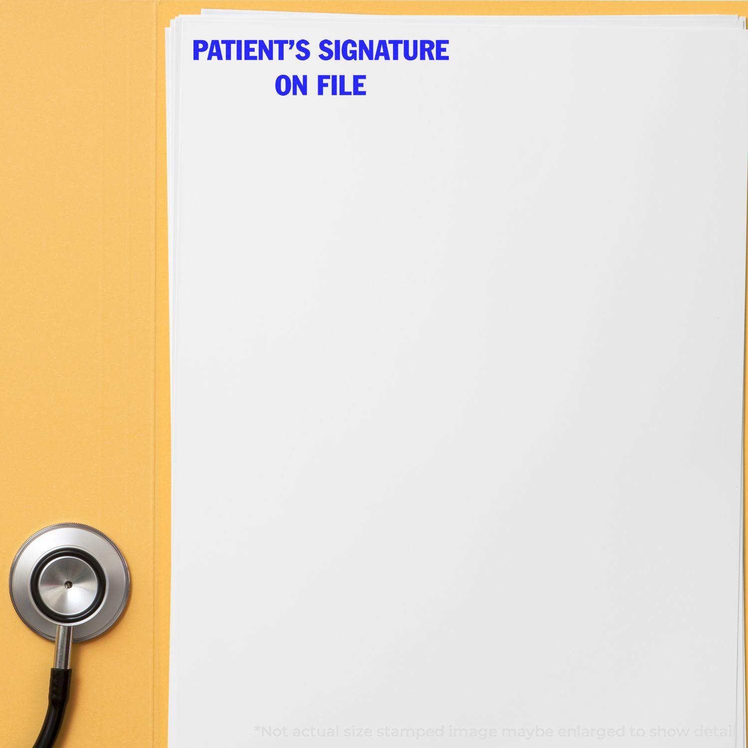 Large Pre-Inked Patient's Signature on File Stamp used on a white paper, placed on a yellow surface with a stethoscope nearby.