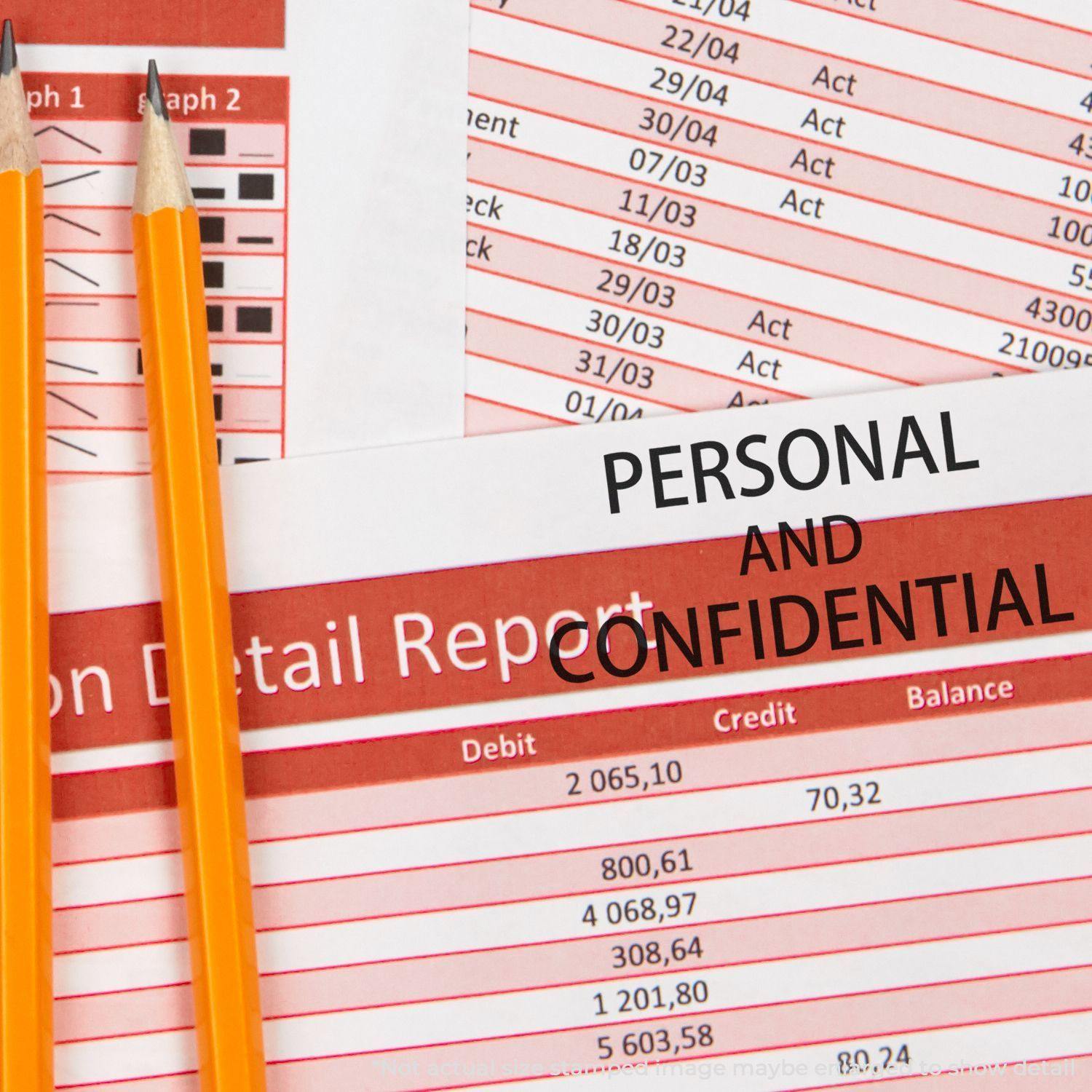 Two pencils on a financial report stamped with PERSONAL AND CONFIDENTIAL using the Large Personal Confidential Rubber Stamp.