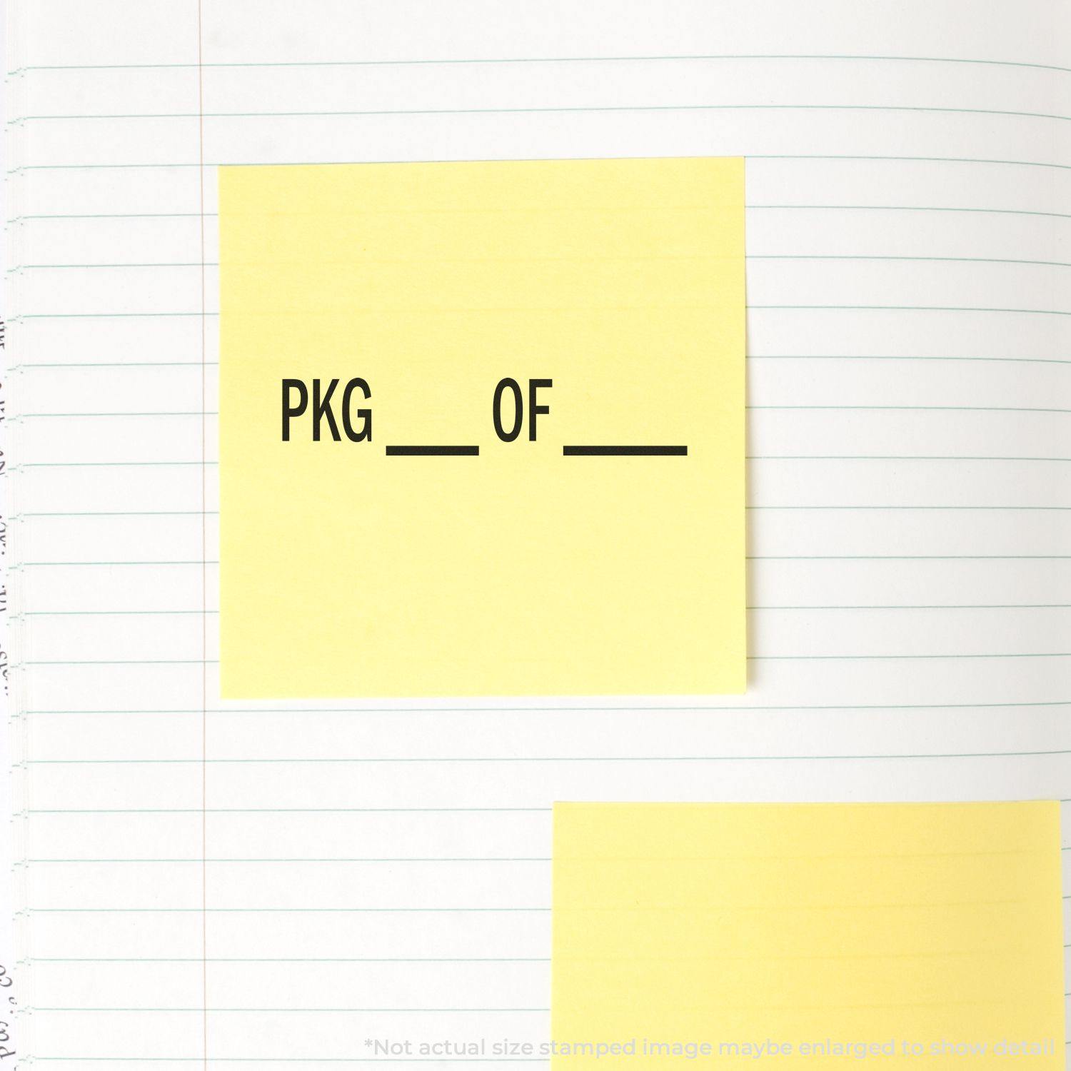 Yellow sticky note on lined paper stamped with PKG __ OF __ using the Large Pkg Rubber Stamp.