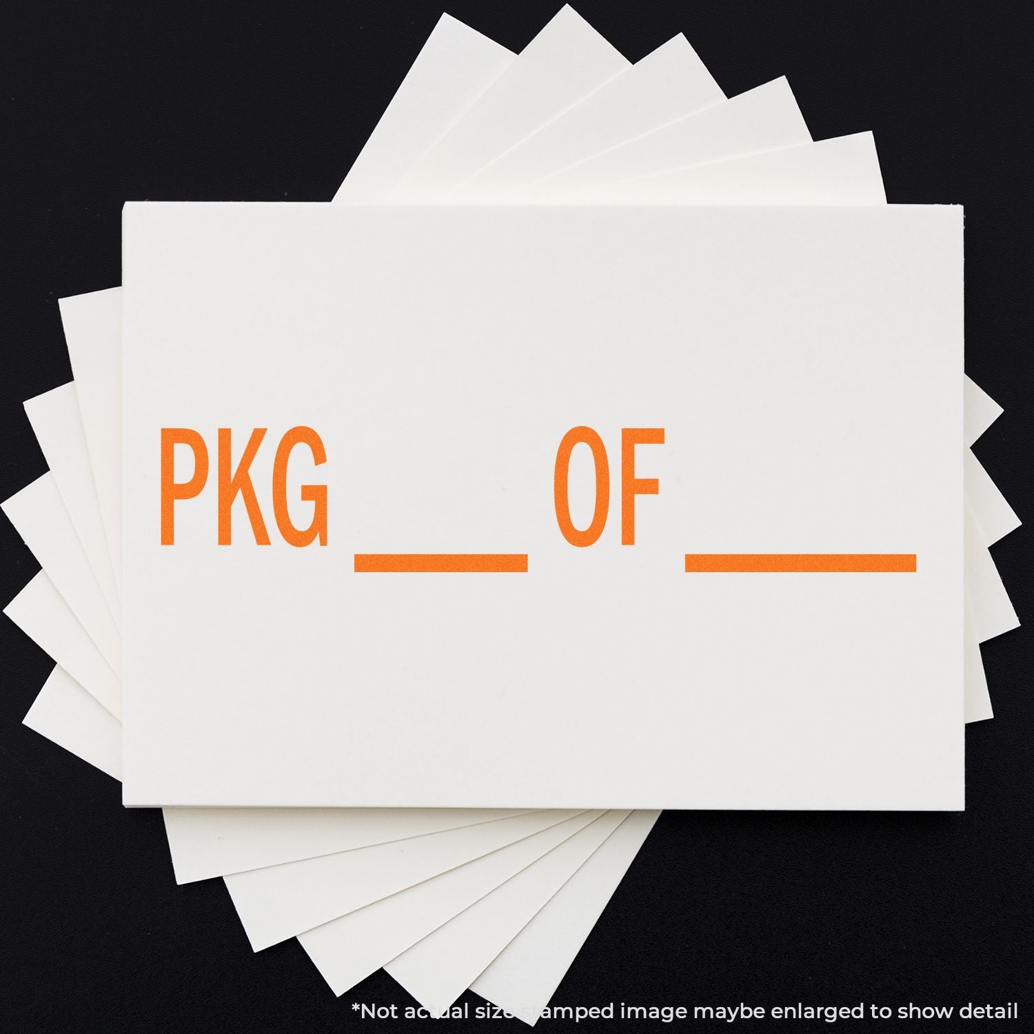 Self Inking Pkg Stamp in use, displaying PKG OF in orange text on white cards, arranged in a fan shape on a black background.