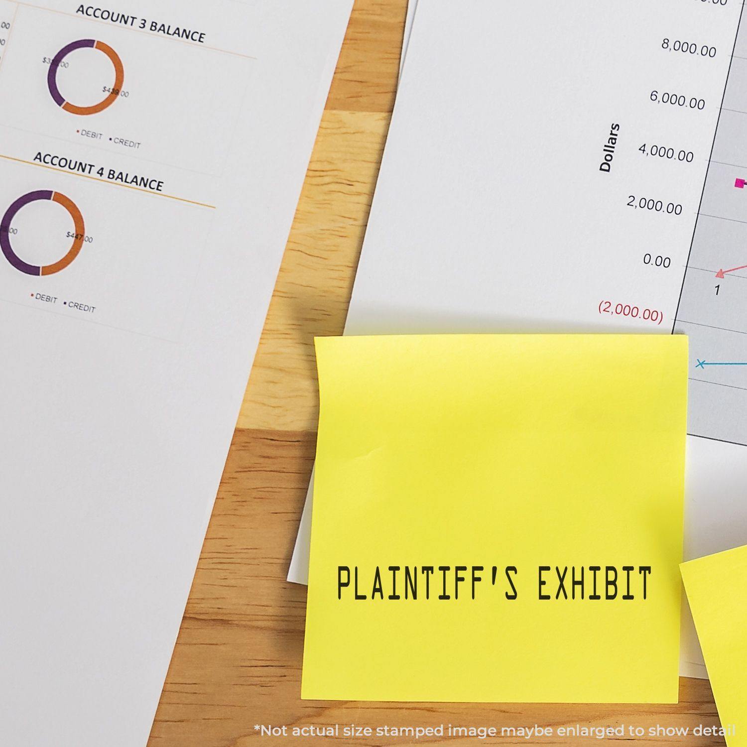 Plaintiff's Exhibit rubber stamp on a yellow sticky note, surrounded by financial charts and documents on a wooden desk.