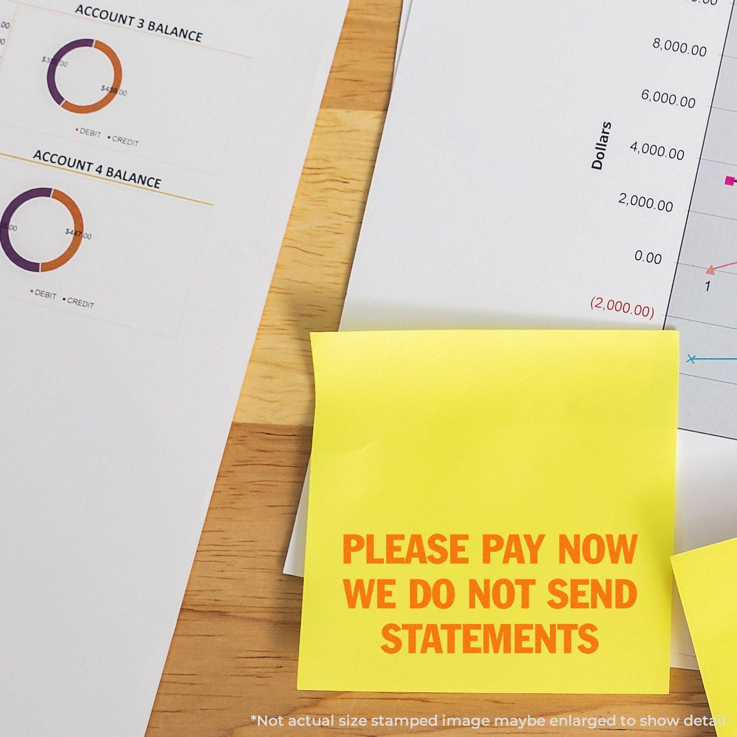 Large Pre-Inked Please Pay Now No Statements Stamp used on a yellow sticky note, placed on financial documents with charts and graphs.