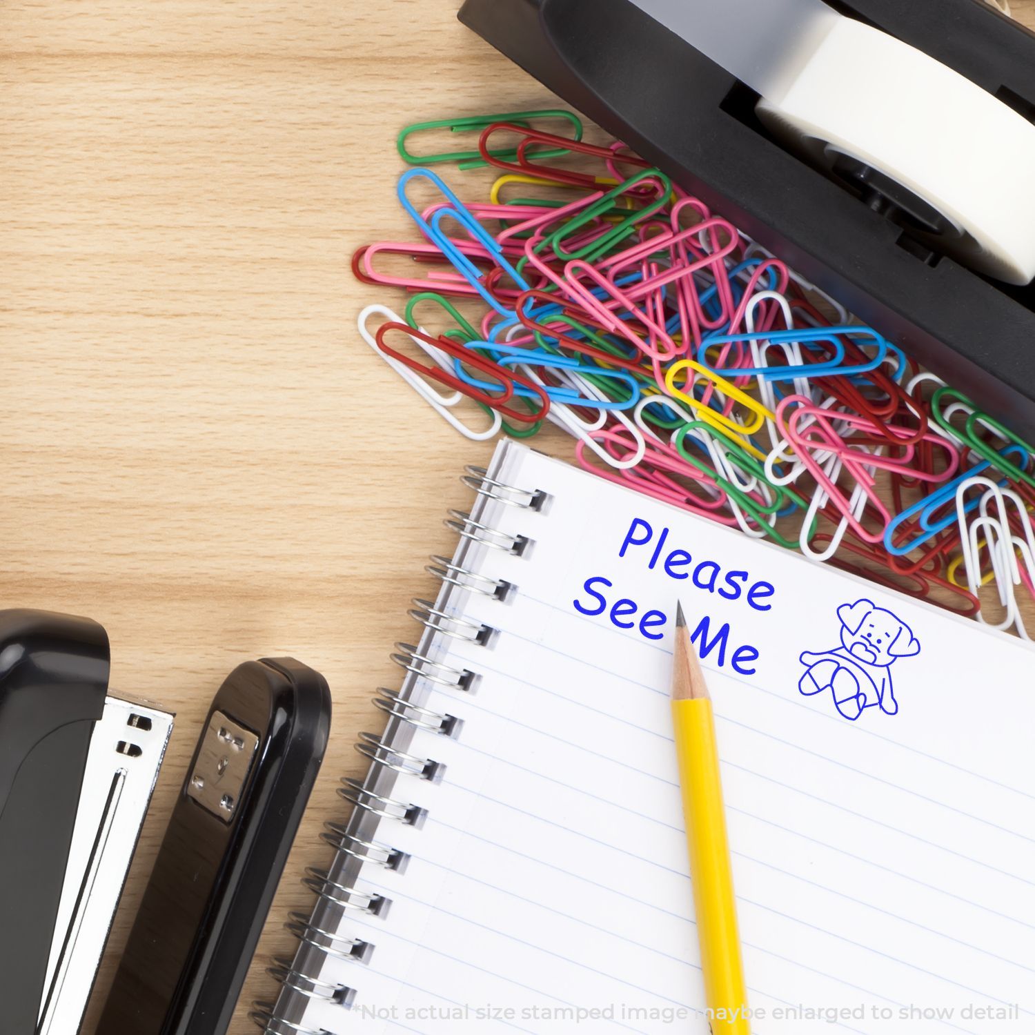 A desk with a Self Inking Please See Me Stamp impression on a notepad, surrounded by colorful paperclips, a stapler, and a tape dispenser.