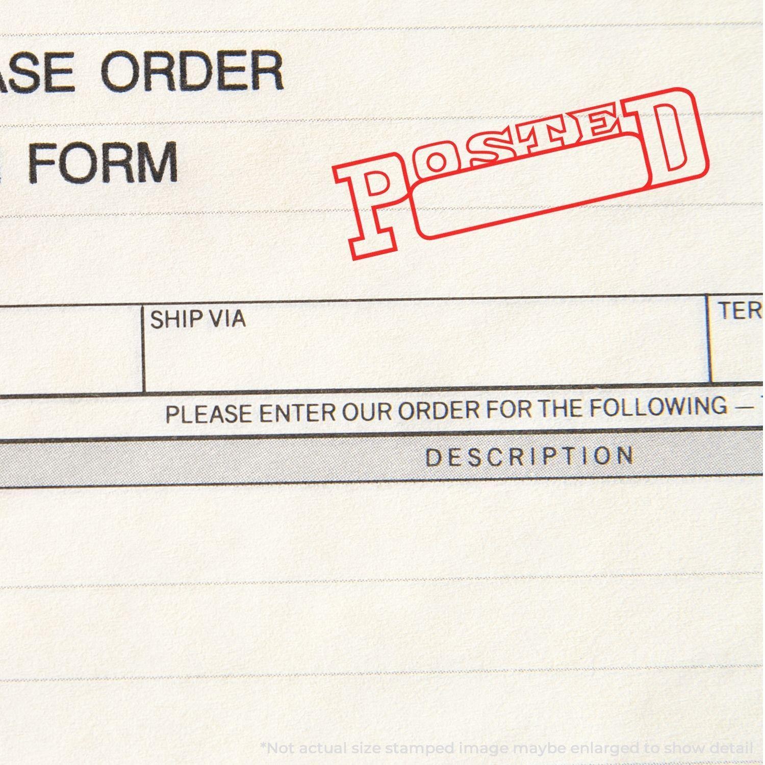 A stock office rubber stamp with a stamped image showing how the text "POSTED" in an outline font with a date box is displayed after stamping.