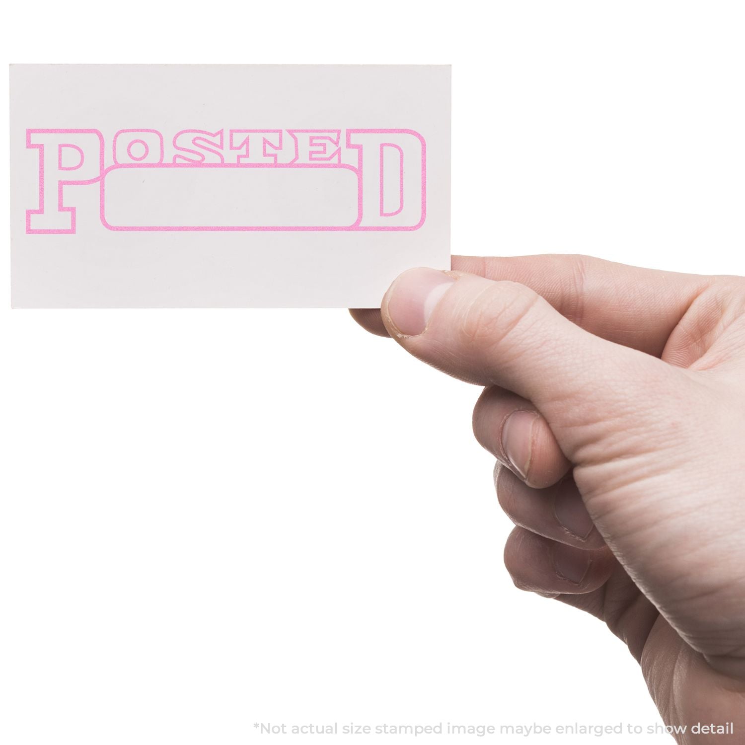 Hand holding a card stamped with POSTED and a blank date box using the Self Inking Posted with Date Box Stamp in pink ink.