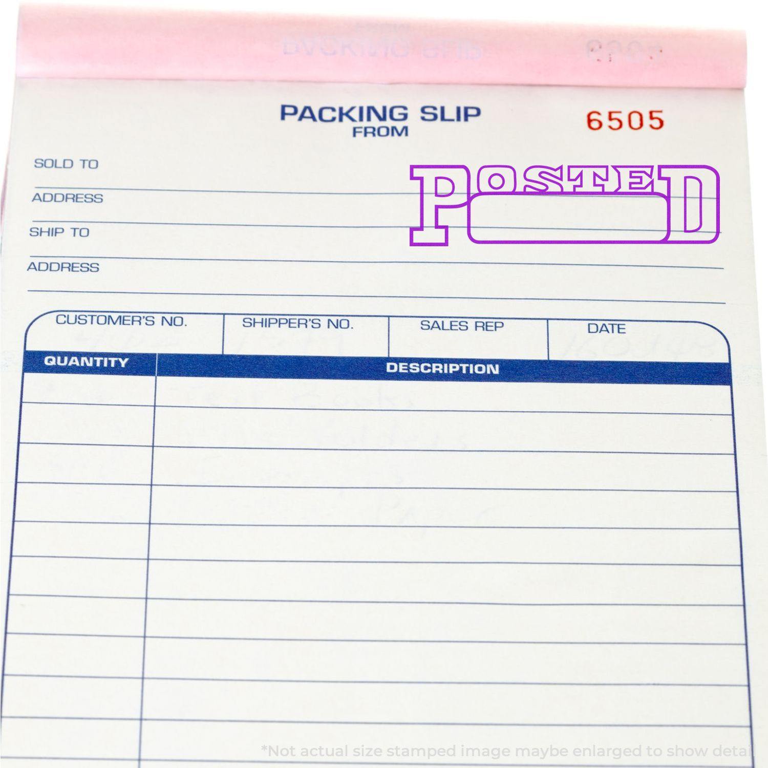 Packing slip stamped with a Slim Pre-Inked Posted with Date Box Stamp in purple ink, showing POSTED and a blank date box.