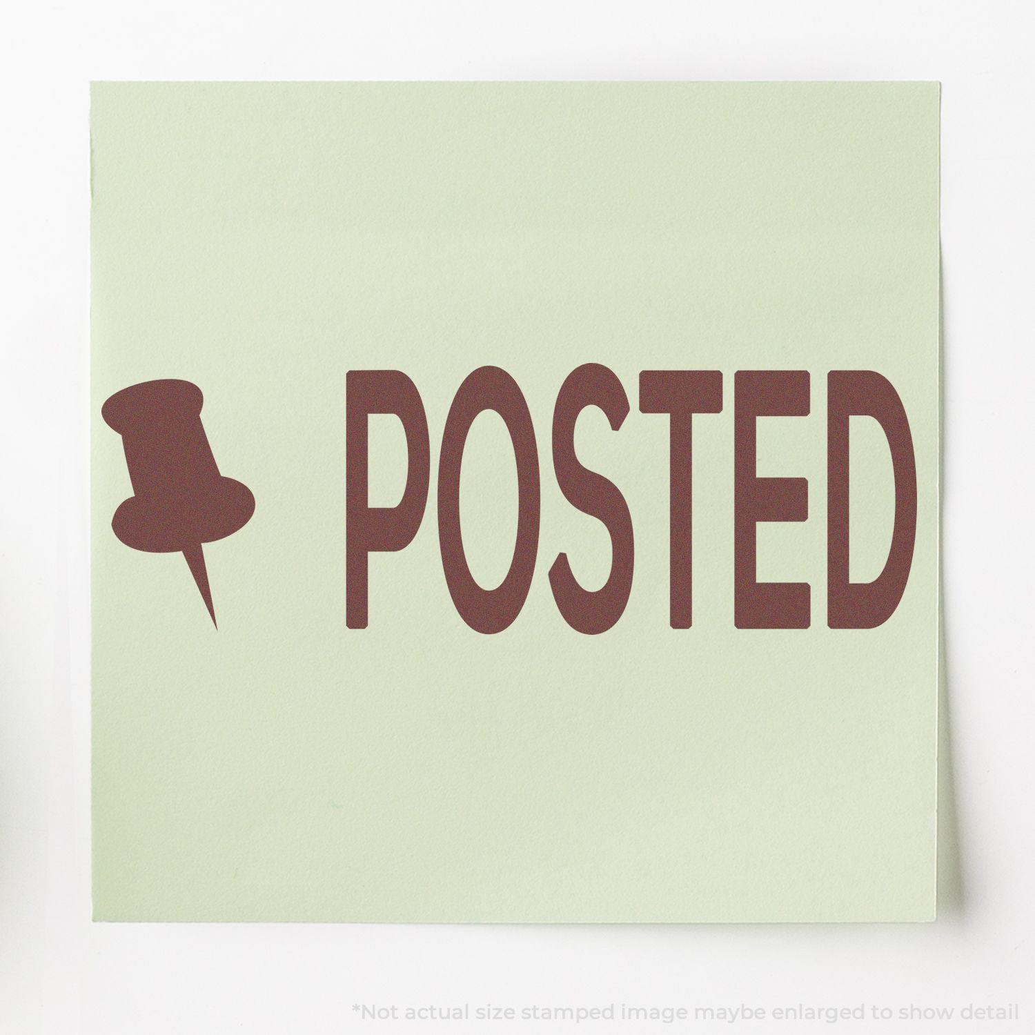 Posted with Thumbtack Rubber Stamp on a light green paper, featuring a thumbtack icon next to the word POSTED in bold brown letters.