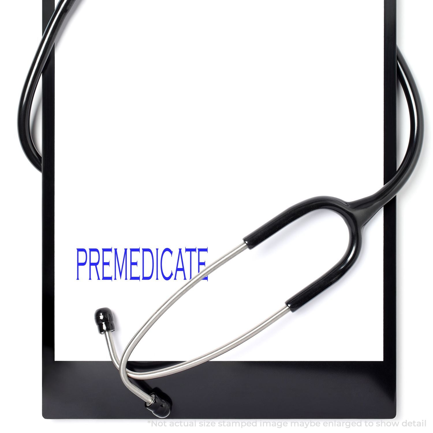A self-inking stamp with a stamped image showing how the text "PREMEDICATE" is displayed after stamping.