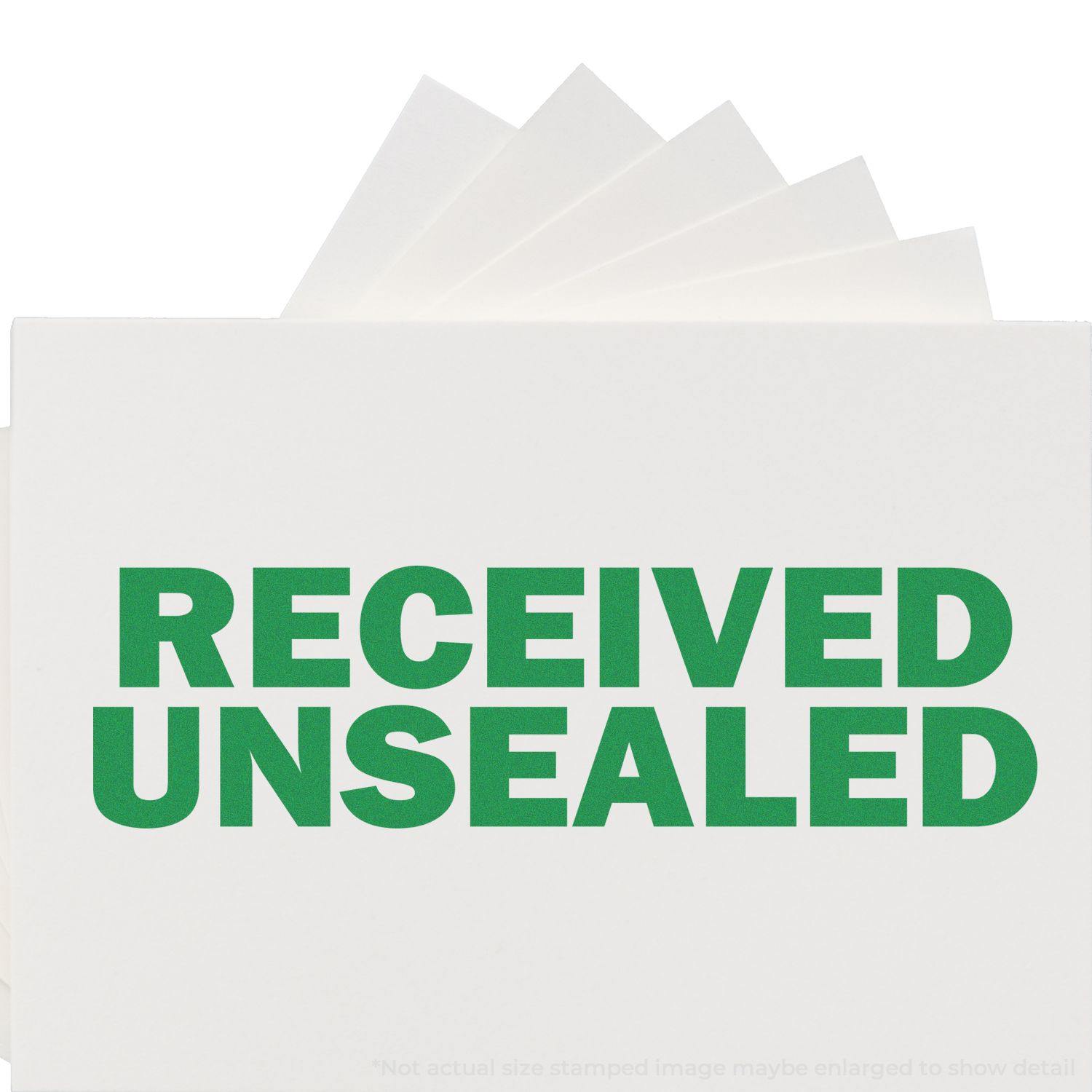 Large Pre-Inked Received Unsealed Stamp in green ink on white paper, showing clear and bold text.