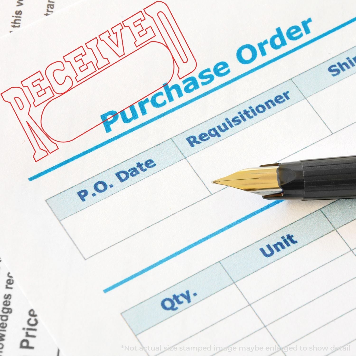 Self Inking Received with Date Box Stamp marking a purchase order document, with a pen resting on the form.